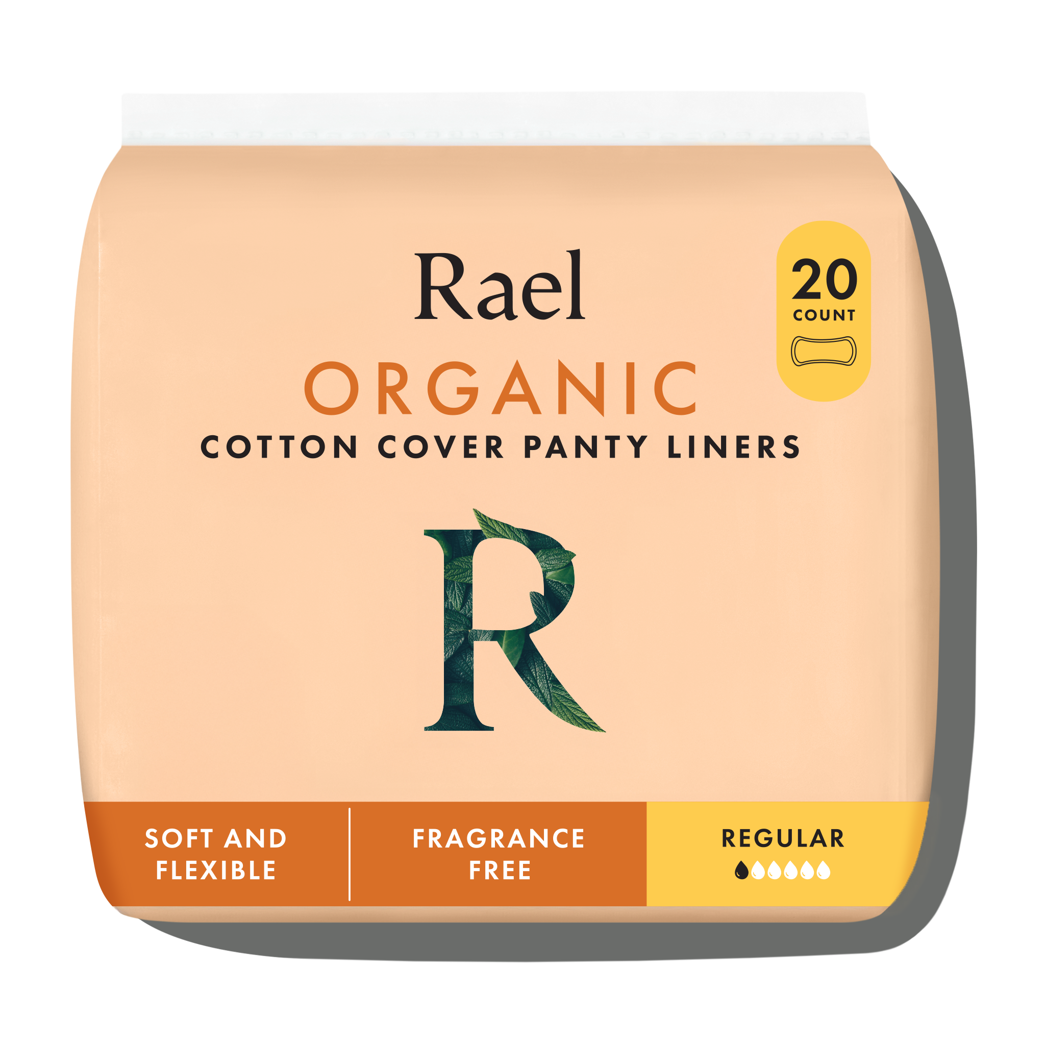 Pack of Rael organic cotton cover panty liners on a beige background