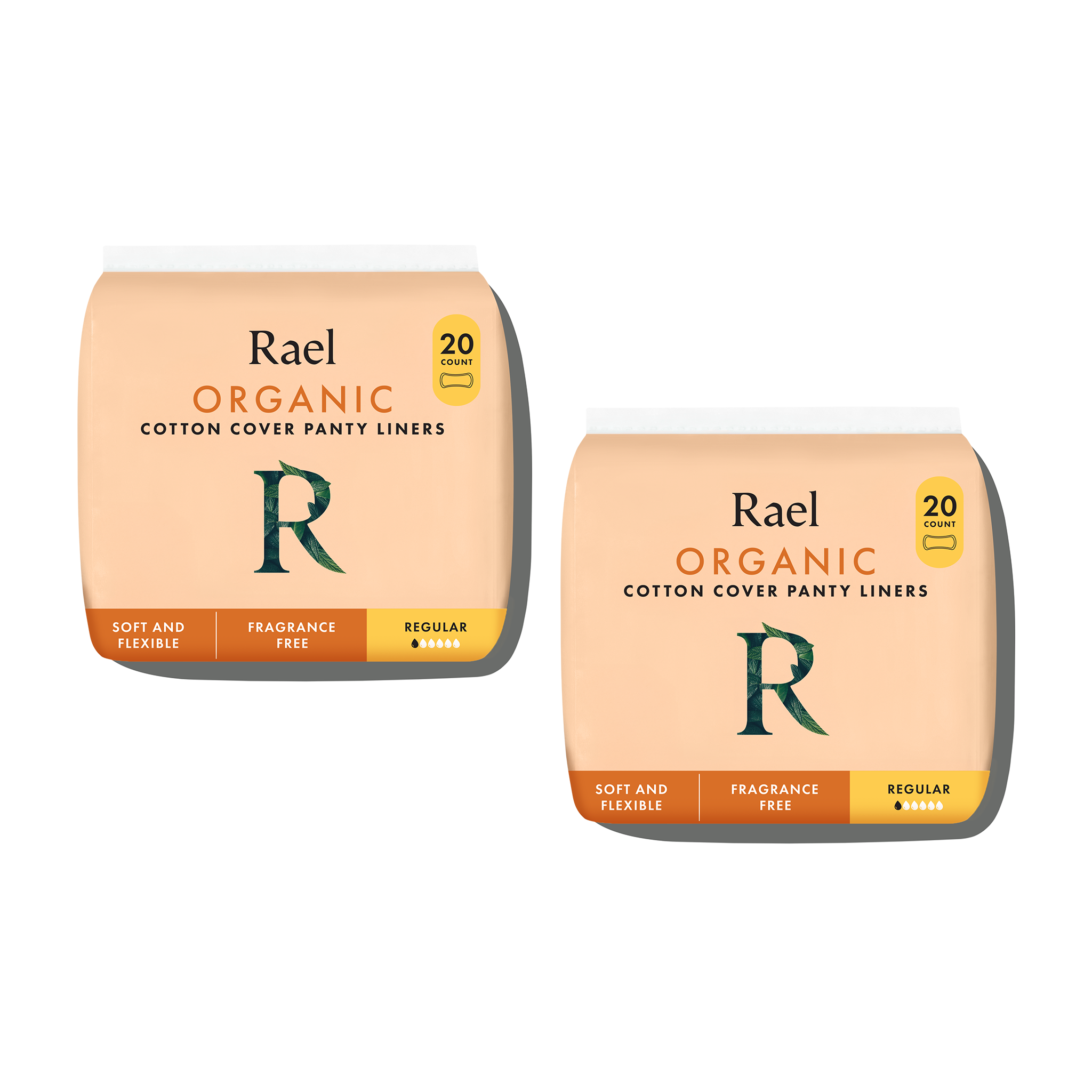 Two packages of Rael Organic Cotton Cover Panty Liners on a white background