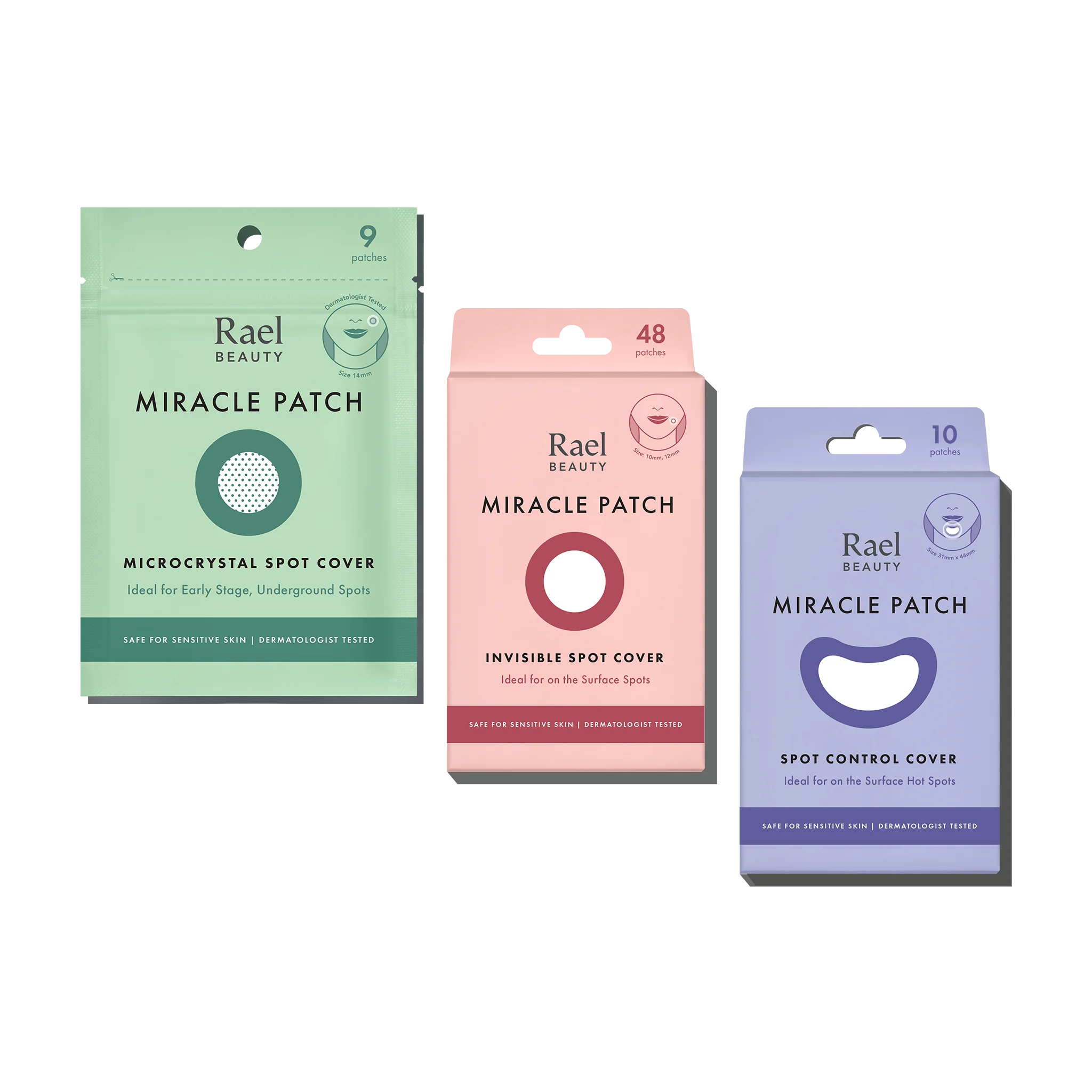Three packages of Rael Miracle Patch on a white background