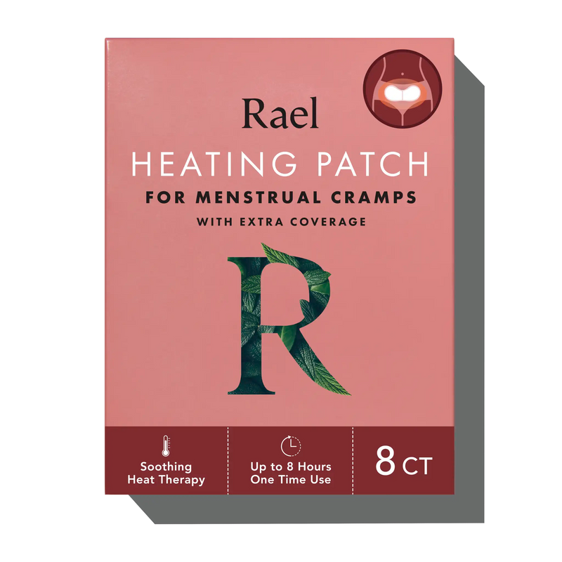 Packaging of Rael heating patches for menstrual cramps with extra coverage, indicating soothing heat therapy and up to 8 hours of use. 8 Count