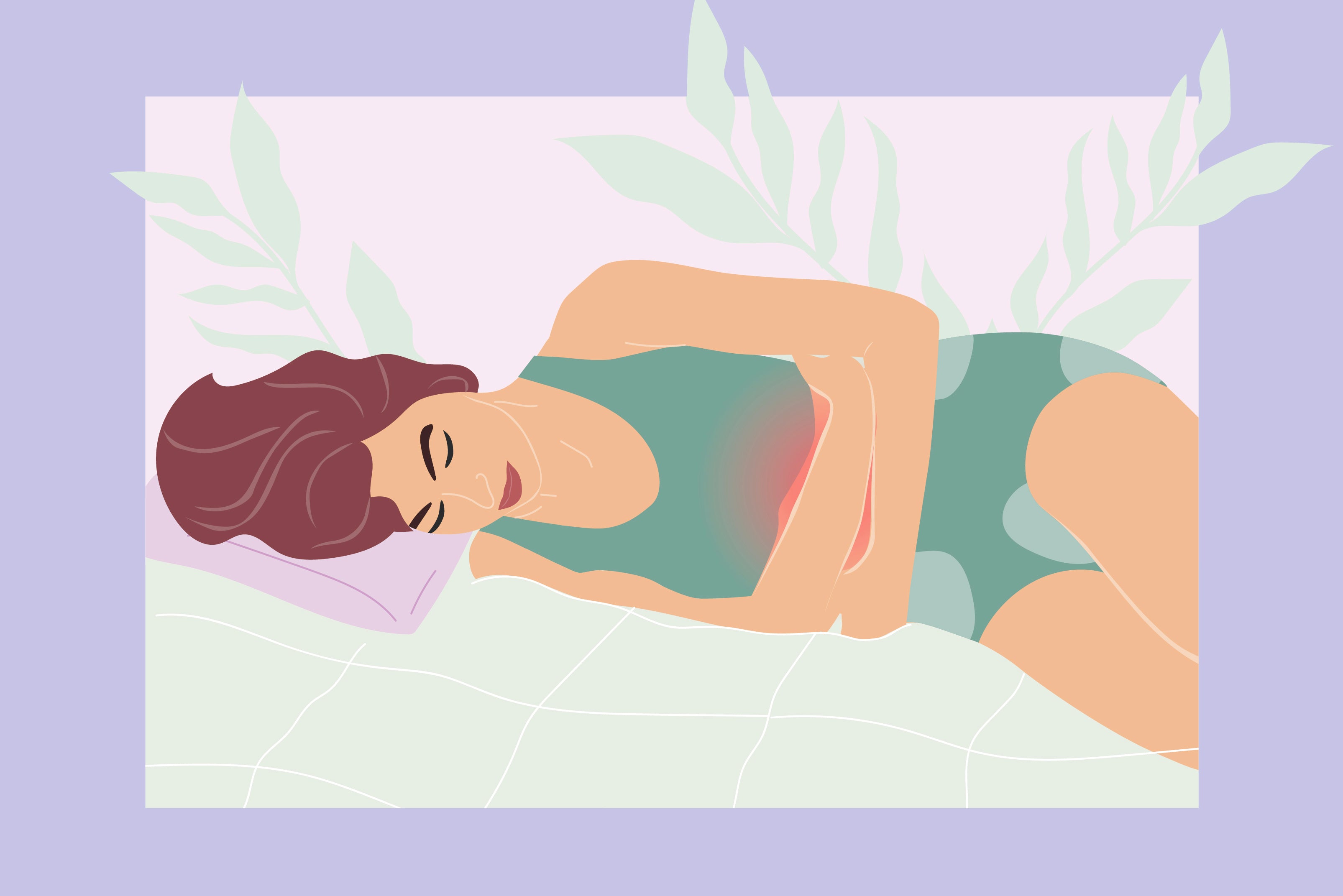 Drawing of a woman laying in bed having period cramps.