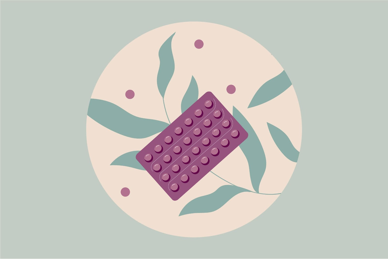 Birth control tablets against a green and white background with leaves.