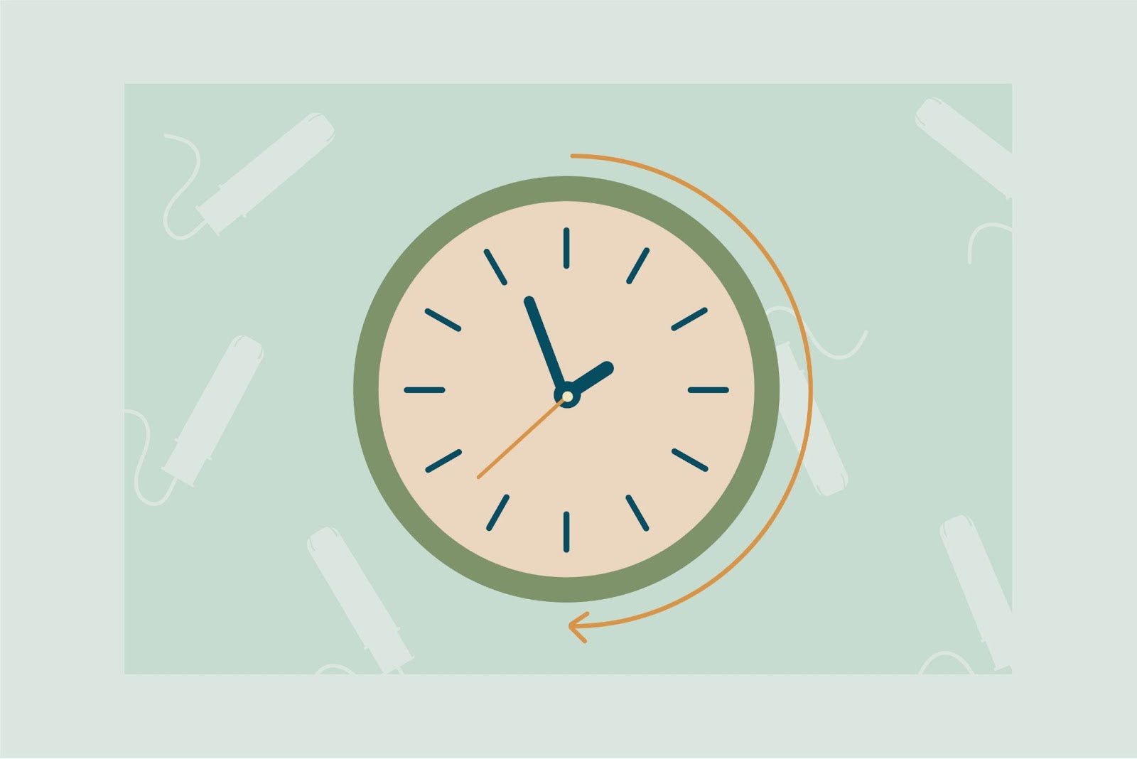 Drawing of a clock showing the time 2:45 on a green wall.