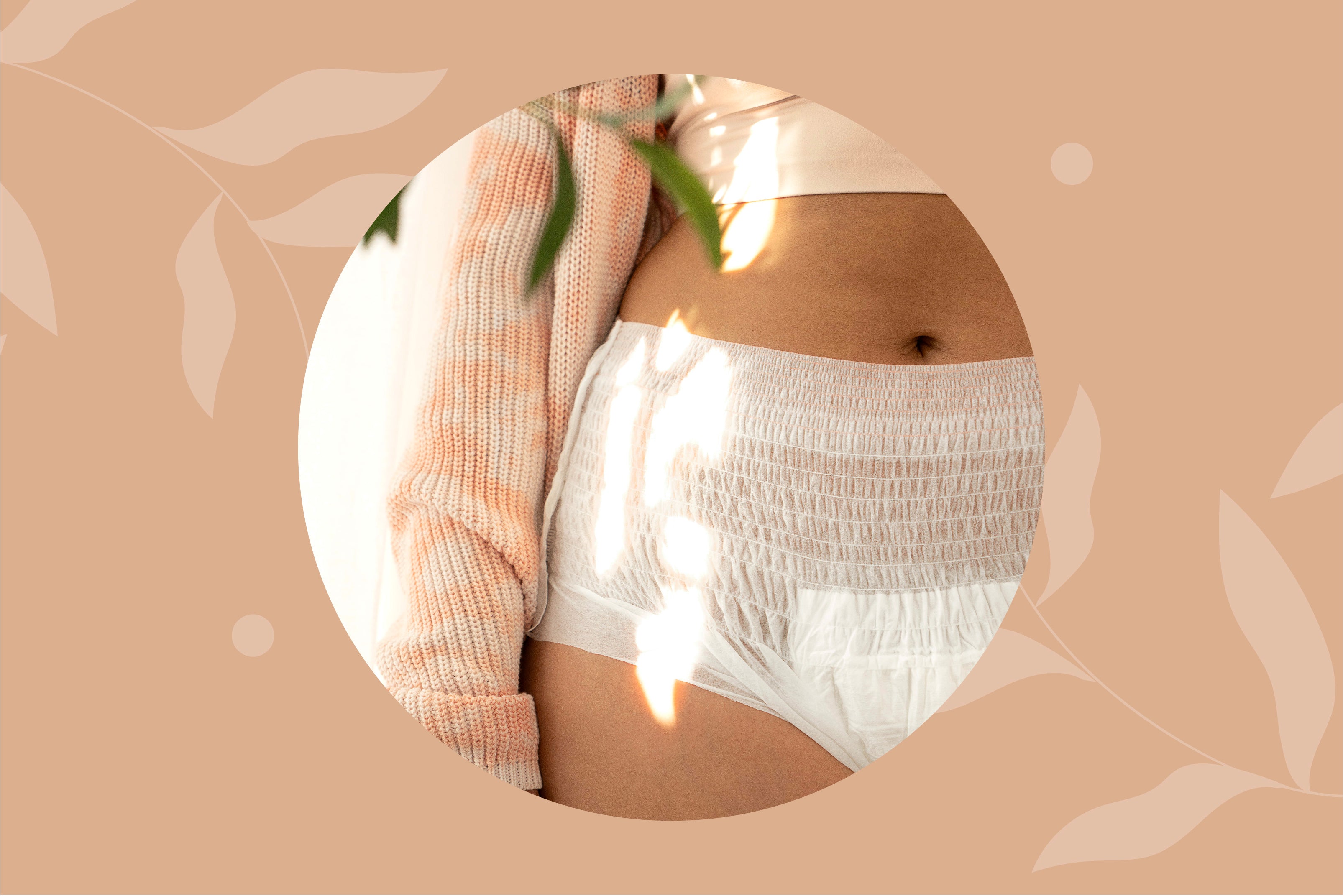 A circle cropped image of a woman wearing white underwear and a scented pad.