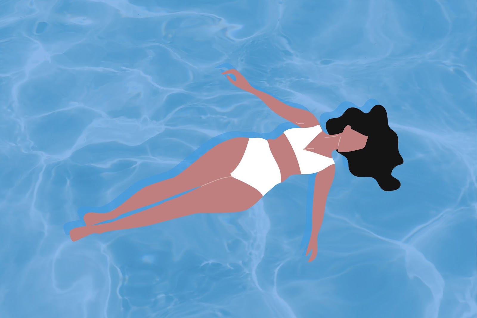 Drawing of a dark haired woman floating in the ocean.