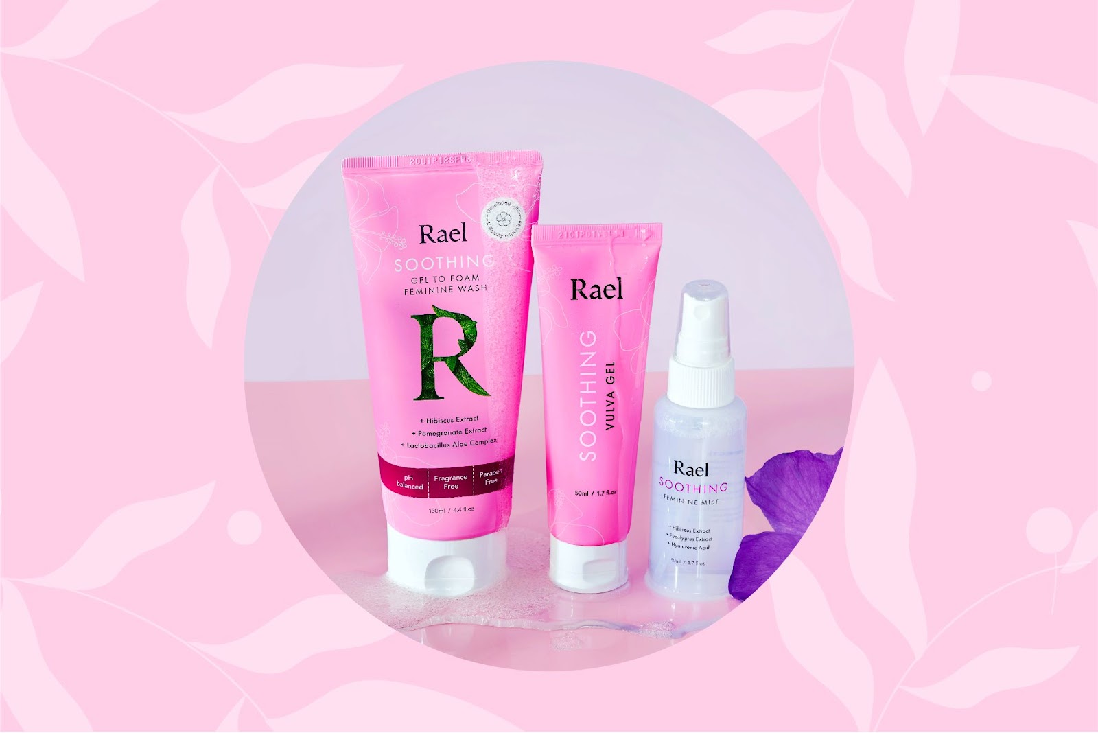 Rael products used for remedying vaginal yeast infections sitting on a pink table.