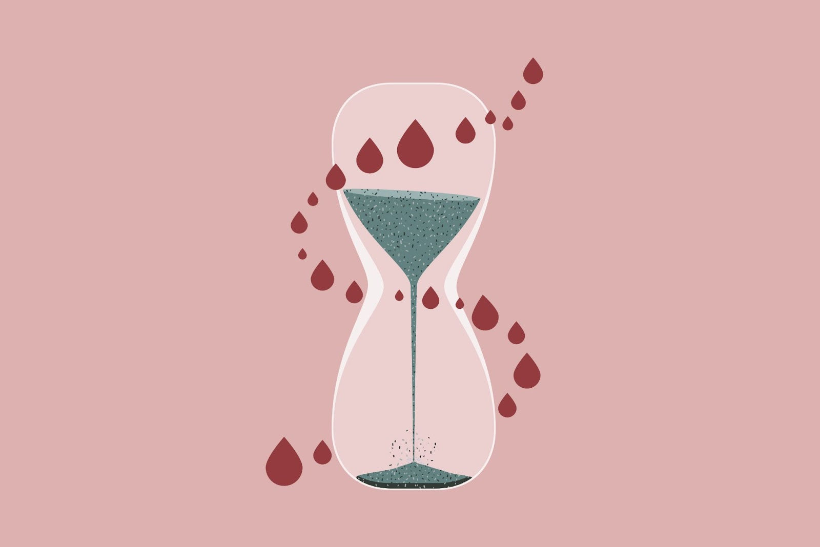 Drawing of a full hourglass surrounded by a helix of red droplets.