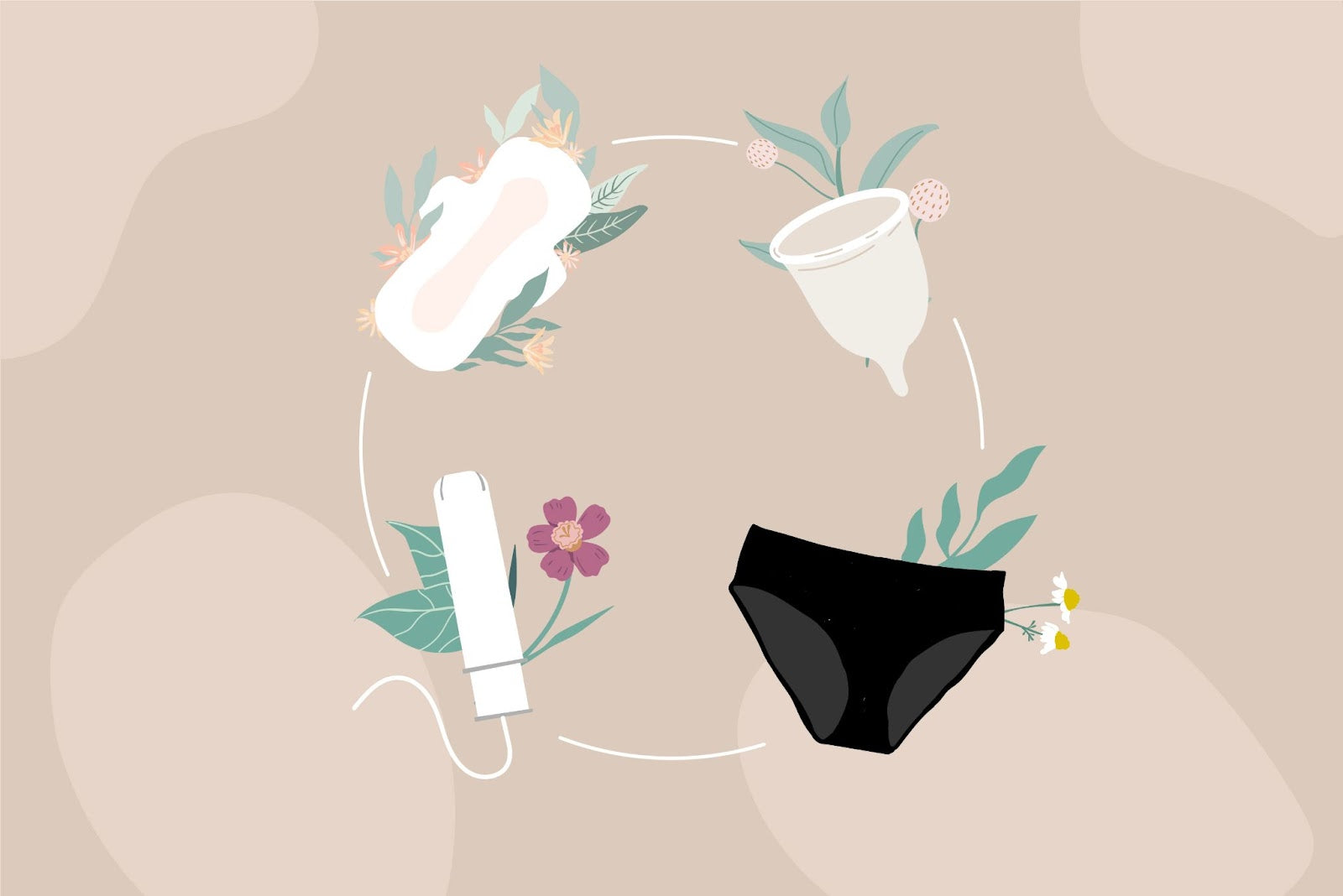 Drawing of a menstrual cup, menstrual pad, tampon and underwear in a circle against a beige background.