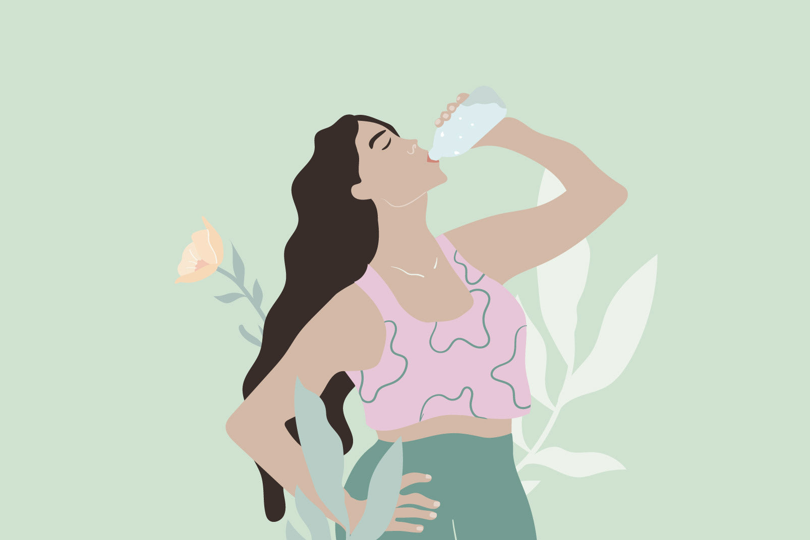 Drawing of a dark haired woman drinking a bottle of water against a green background.
