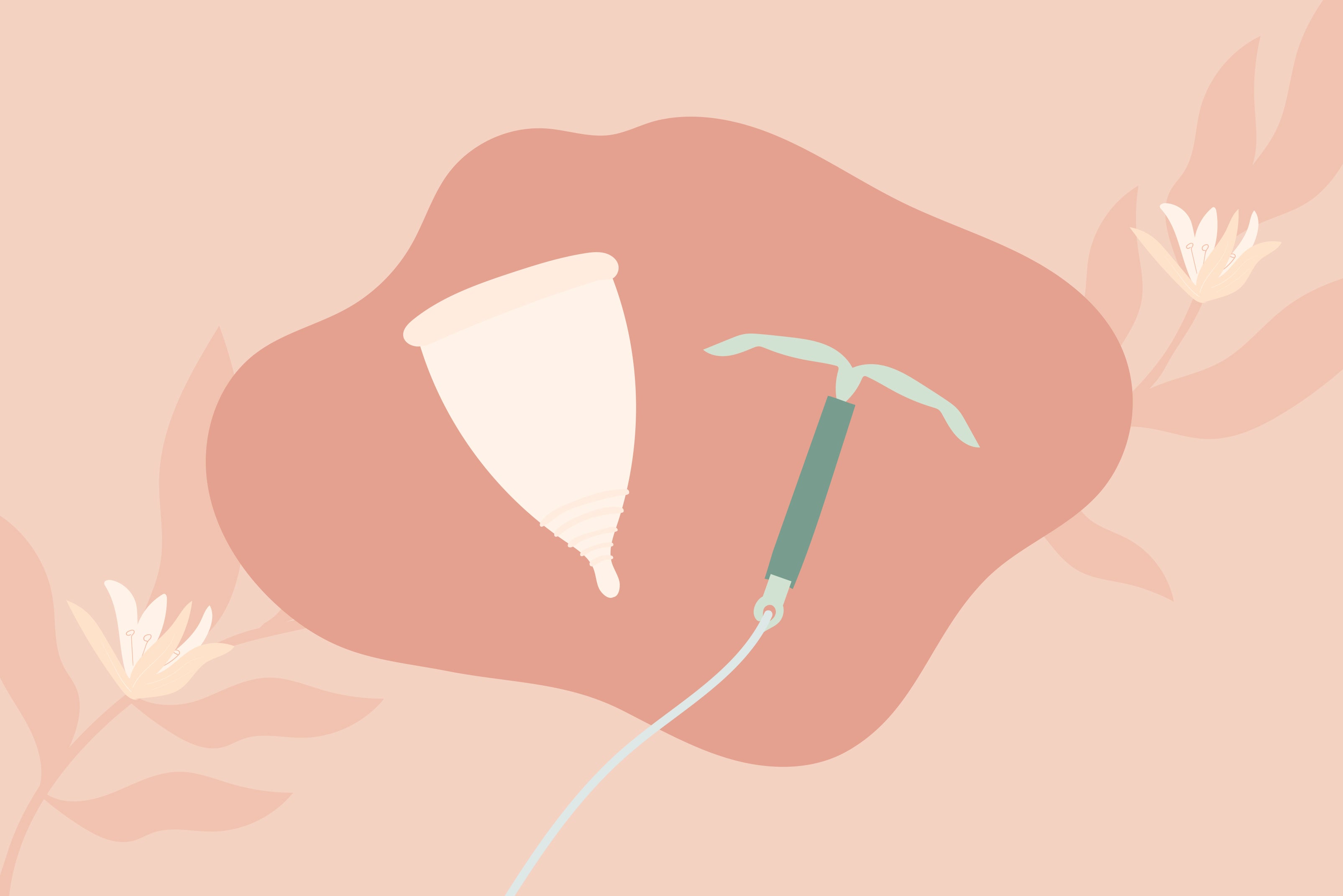 A  drawing of a menstrual cup and IUD against an orange background.