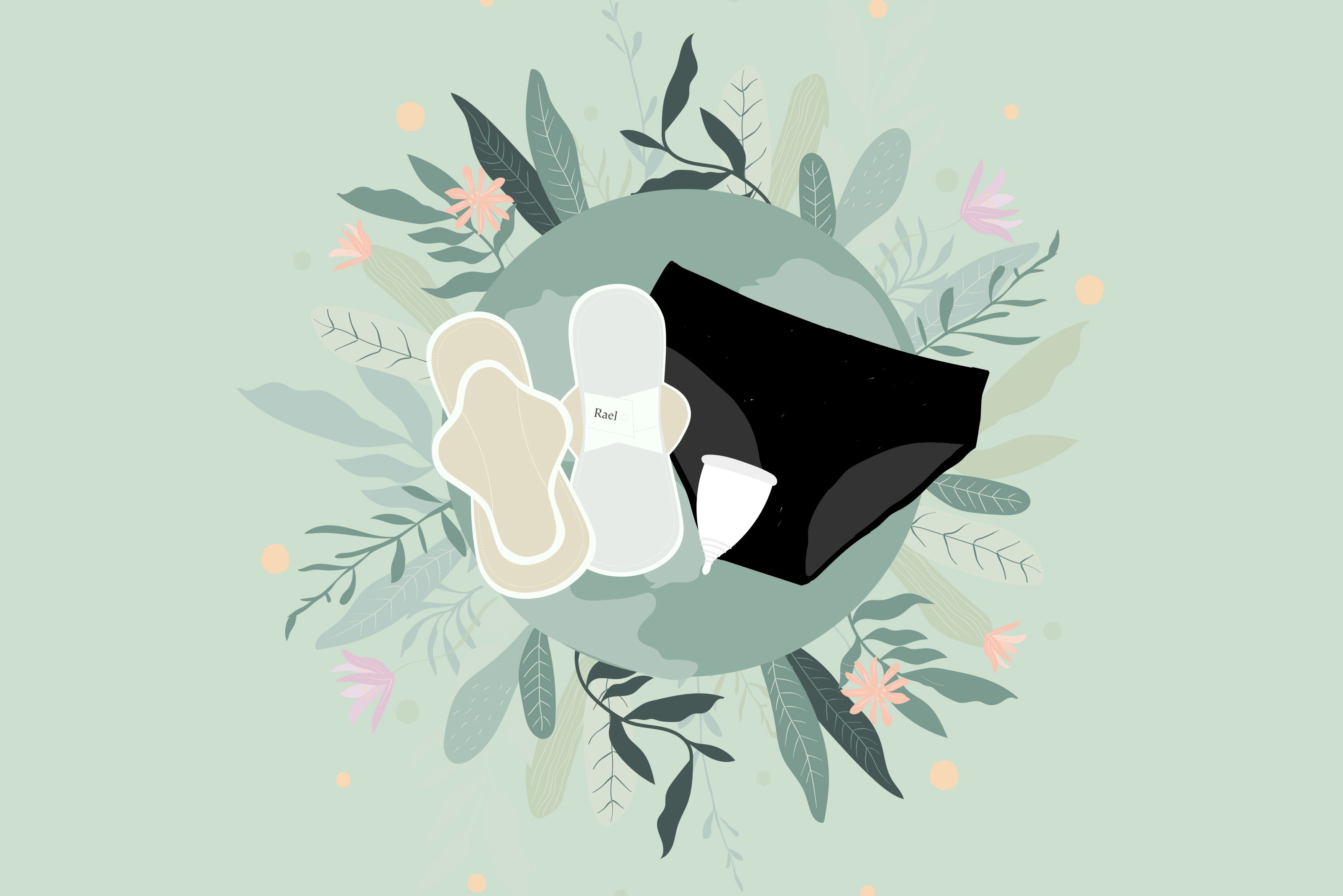 Drawing of two pads and a pair of underwear against a green floral surface.