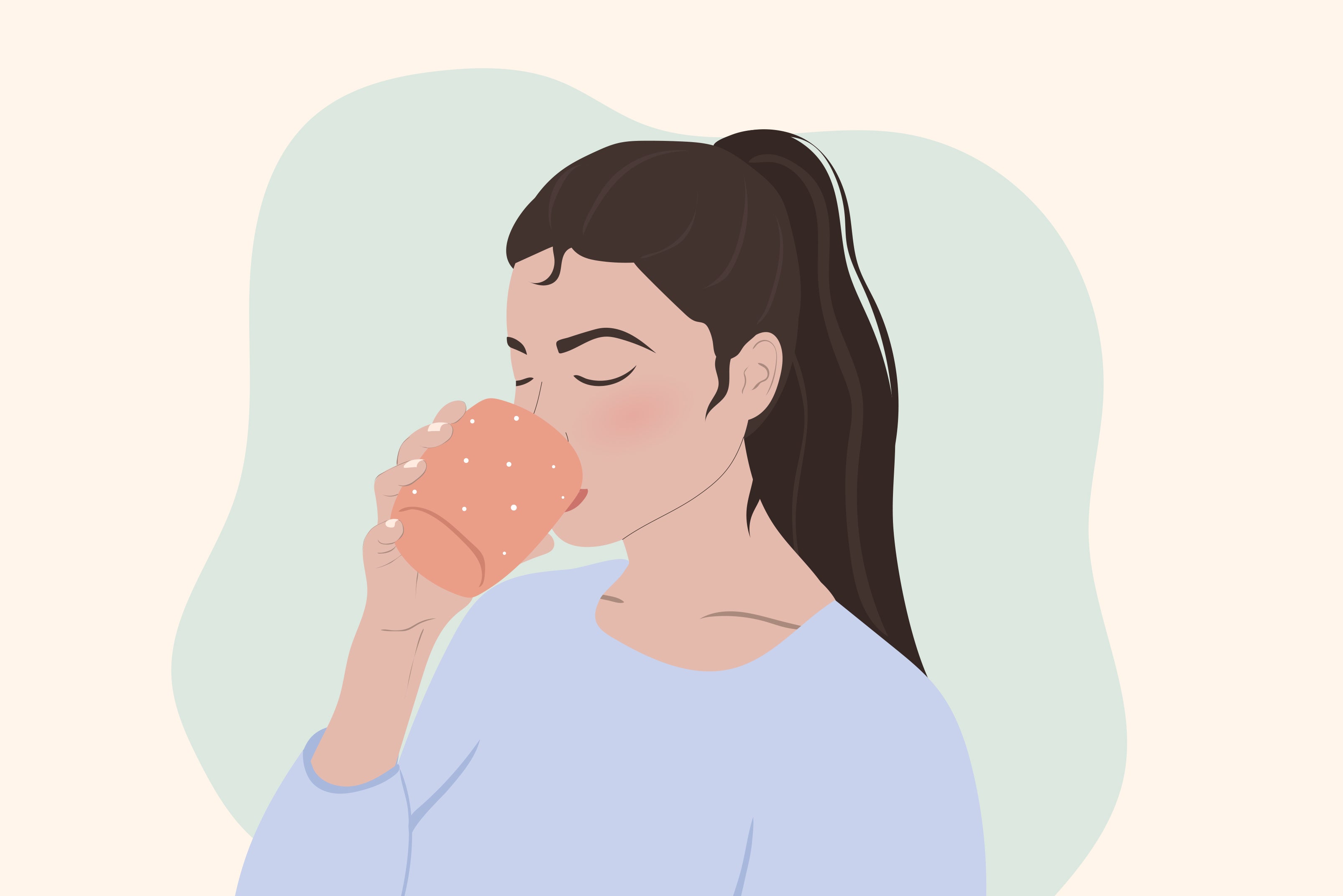 Drawing of a woman drinking from a peach colored cup to help relieve period cramps.