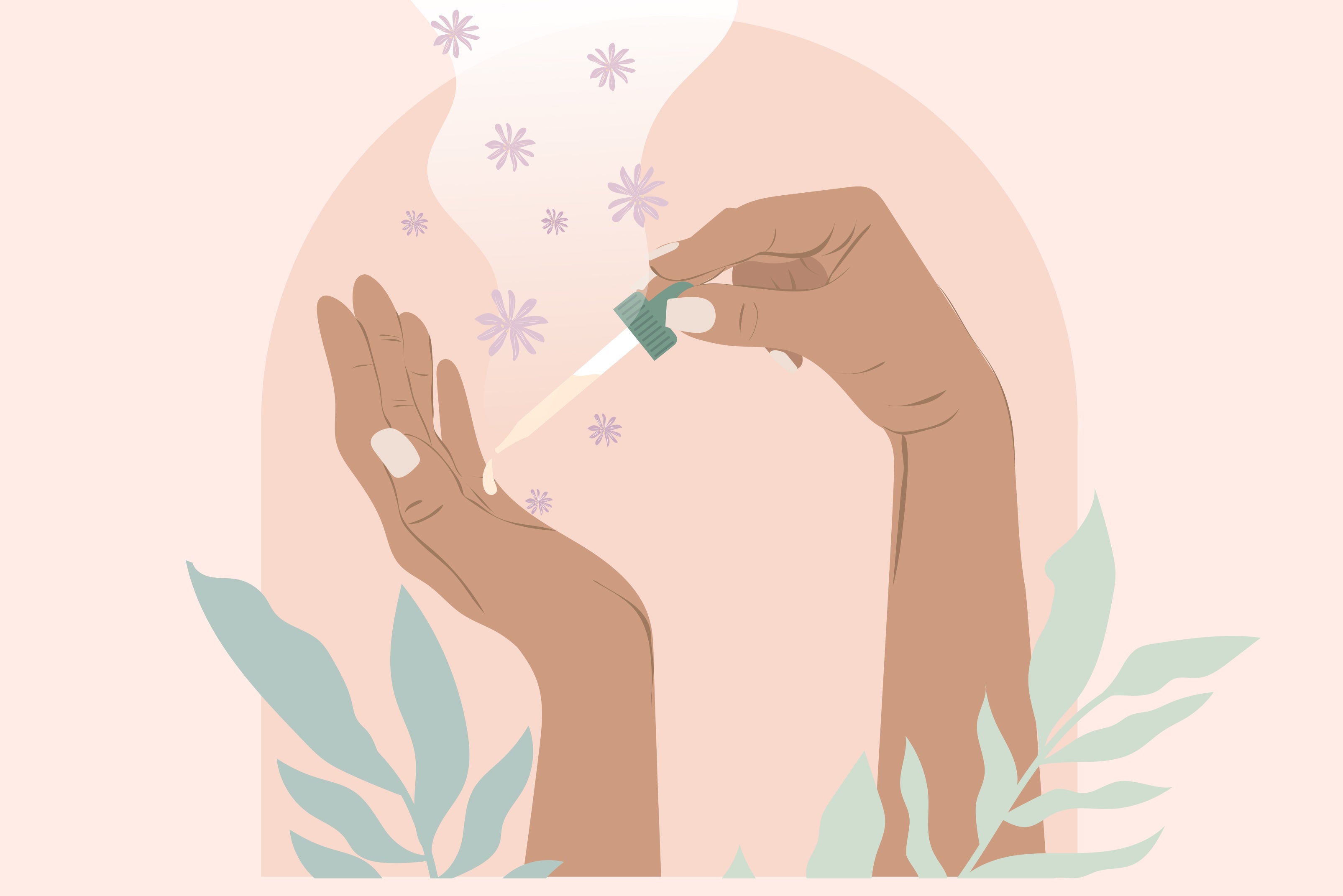 Drawing of a person applying essential oils to their hands to help relieve menstrual cramps.