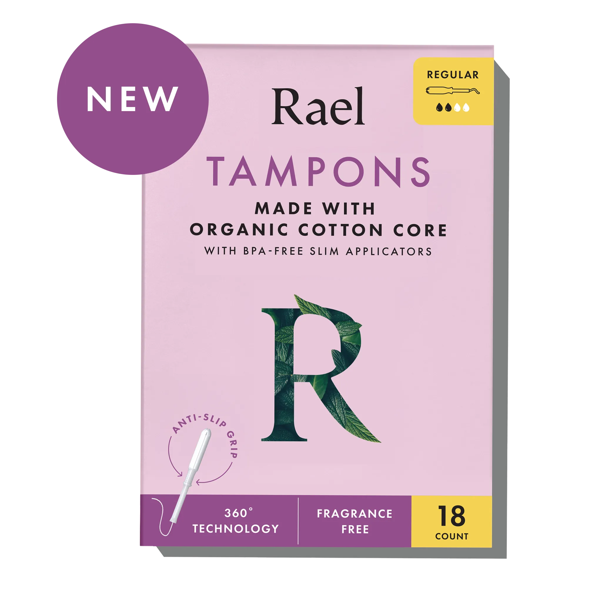 Rael Tampons Made With Organic Cotton Core With BPA-Free Slim Applicators, Regular, 18 Count, Fragrance Free, 360 Technology