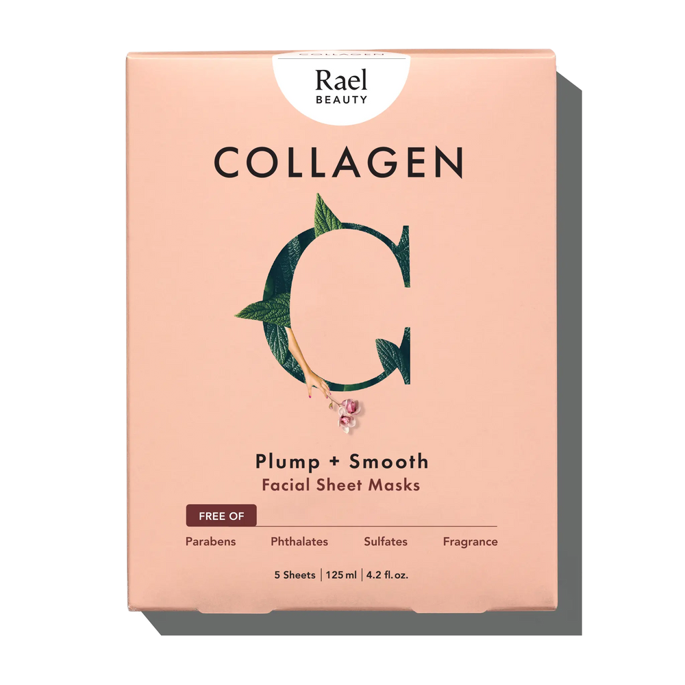 A box of Rael Collagen facial sheet masks with the text 'Plump + Smooth' on it, indicating the skin benefit. The box is pink with green leaves and a white flower illustrations, and it mentions that there are 5 sheet masks included.