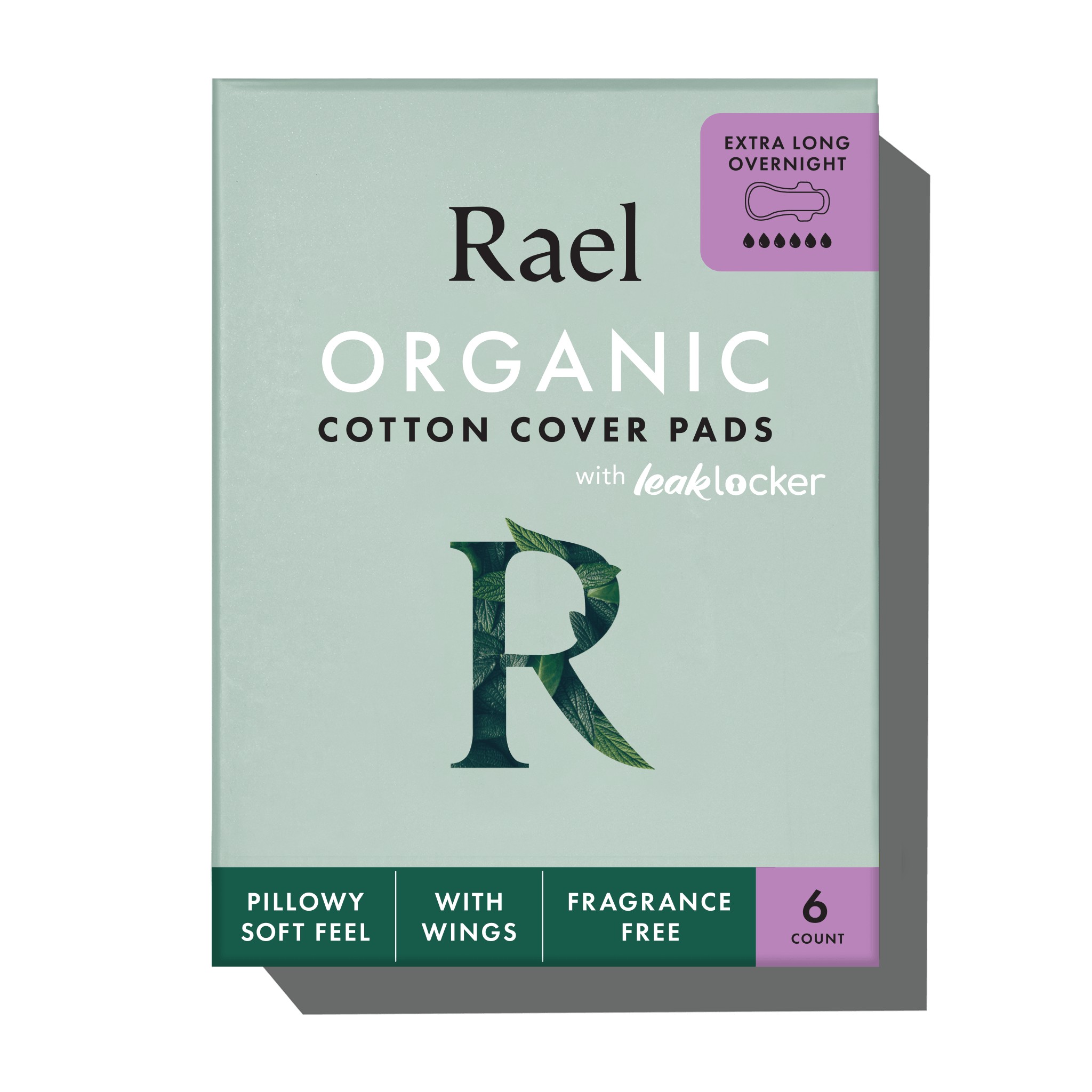 A box of Rael Organic Cotton Cover Pads with leaklocker, featuring a sage green packaging design with purple and dark green accents, shown on a white background with a soft shadow.