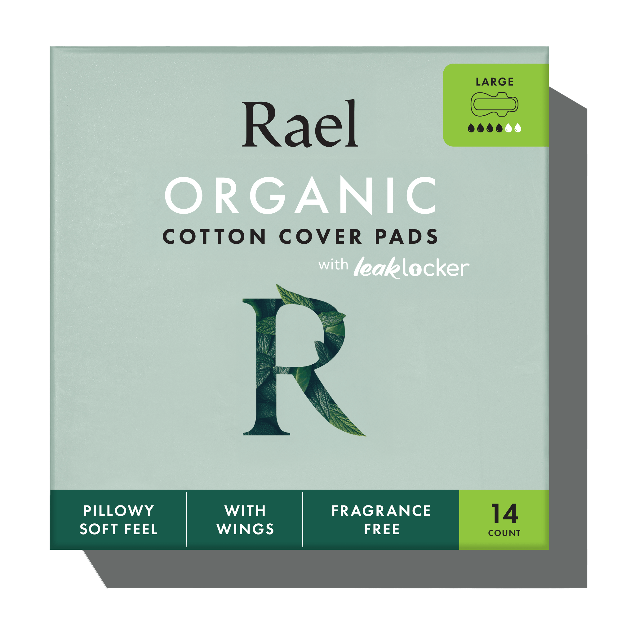 A box of Rael Organic Cotton Cover Pads with leaklocker, shown on a clean white background with a soft shadow. The packaging is a muted sage green with dark green accents, including a large decorative letter 'R' made of leaves, and a green badge indicating 'Large' and '14 count'.