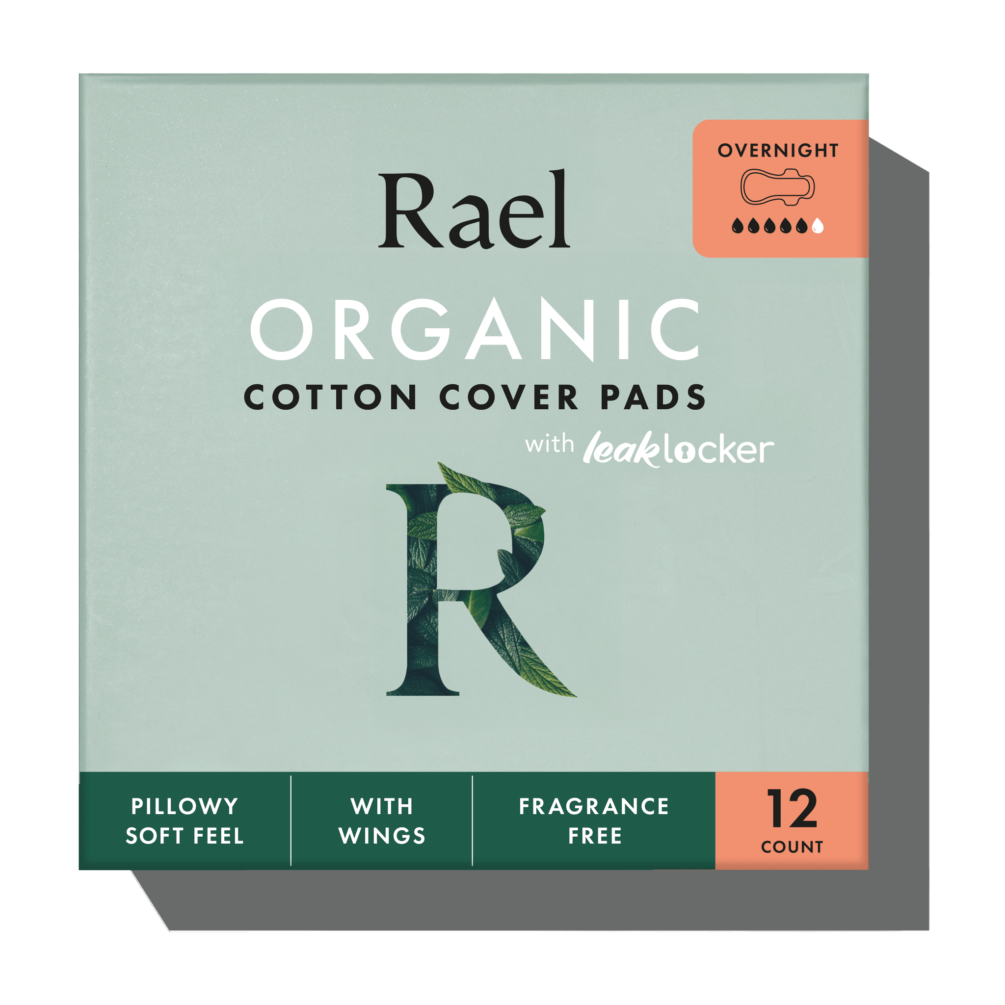 Rael Organic Cotton Cover Pads box, featuring a sage green packaging design with dark green and orange accents, showing a 12-count of overnight pads.