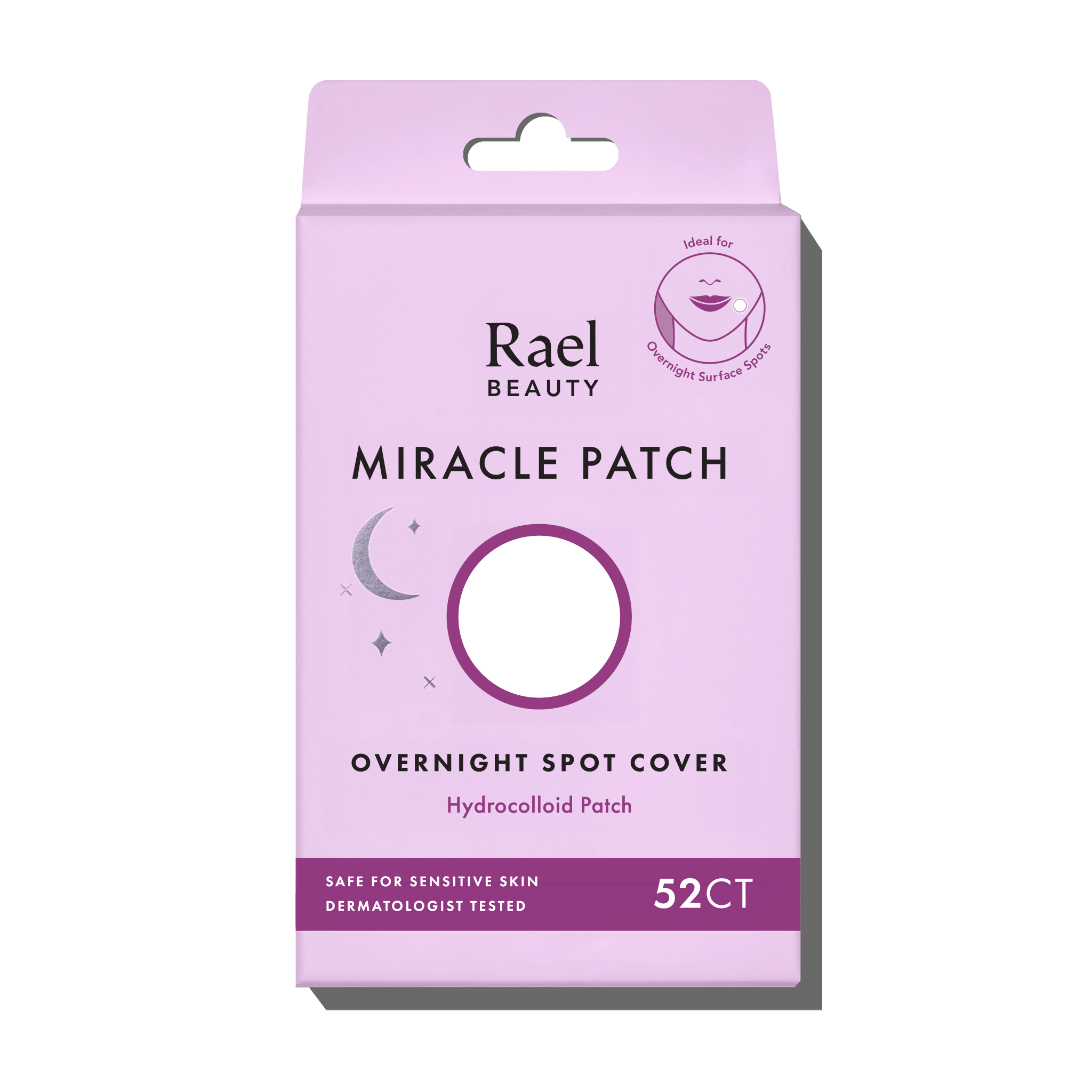 Purple packaging of Rael Beauty Miracle Patch on a black background