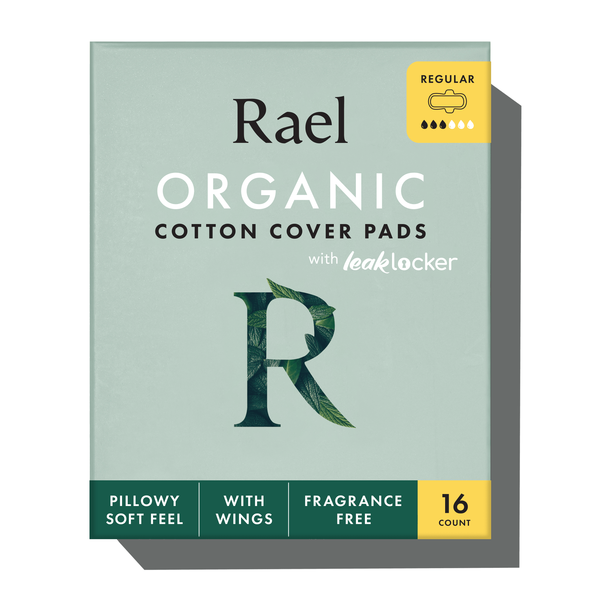 A package of Rael Organic Cotton Cover Pads in the Regular size, featuring a sage green box with dark green and yellow accents, on a white background with a soft shadow.