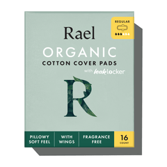 A package of Rael Organic Cotton Cover Pads in the Regular size, featuring a sage green box with dark green and yellow accents, on a white background with a soft shadow.