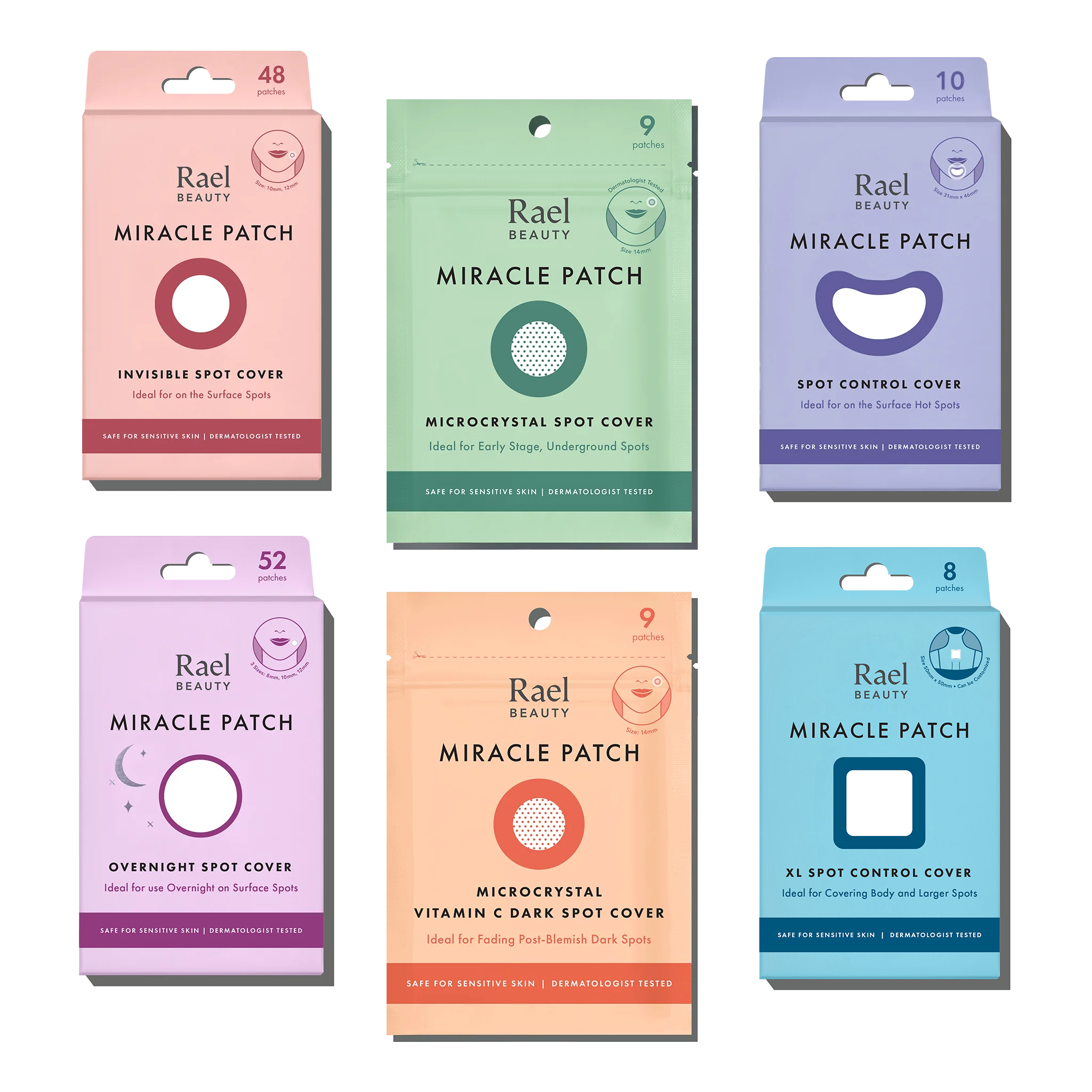 Six packages of Rael Beauty Miracle Patch products in various colors on a white background