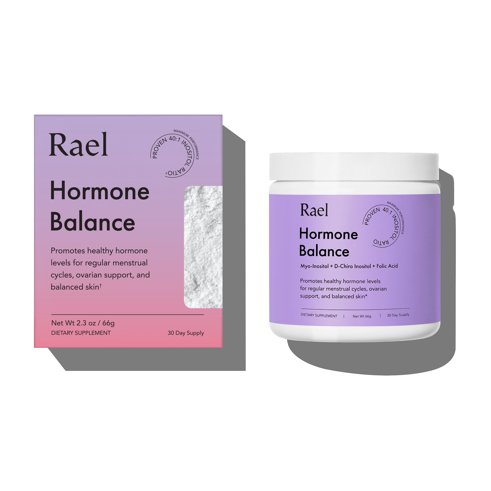 Rael Hormone Balance supplement container and packaging on a white background
