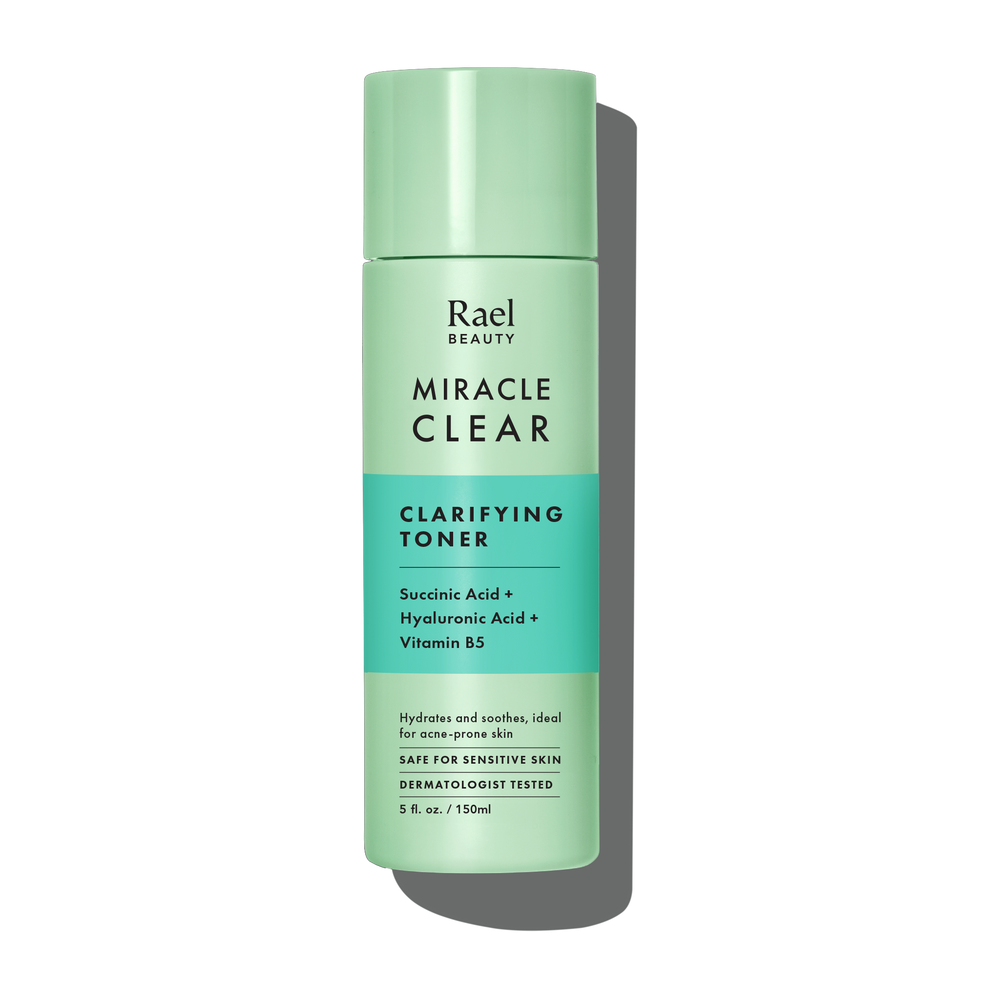 A bottle of Rael Beauty Miracle Clear Clarifying Toner with green labeling.