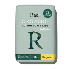 Rael Regular 28 Count Organic Cotton Cover Pads with leak locker technology, Pillowy Soft Feel, With Wings, Fragrance Free