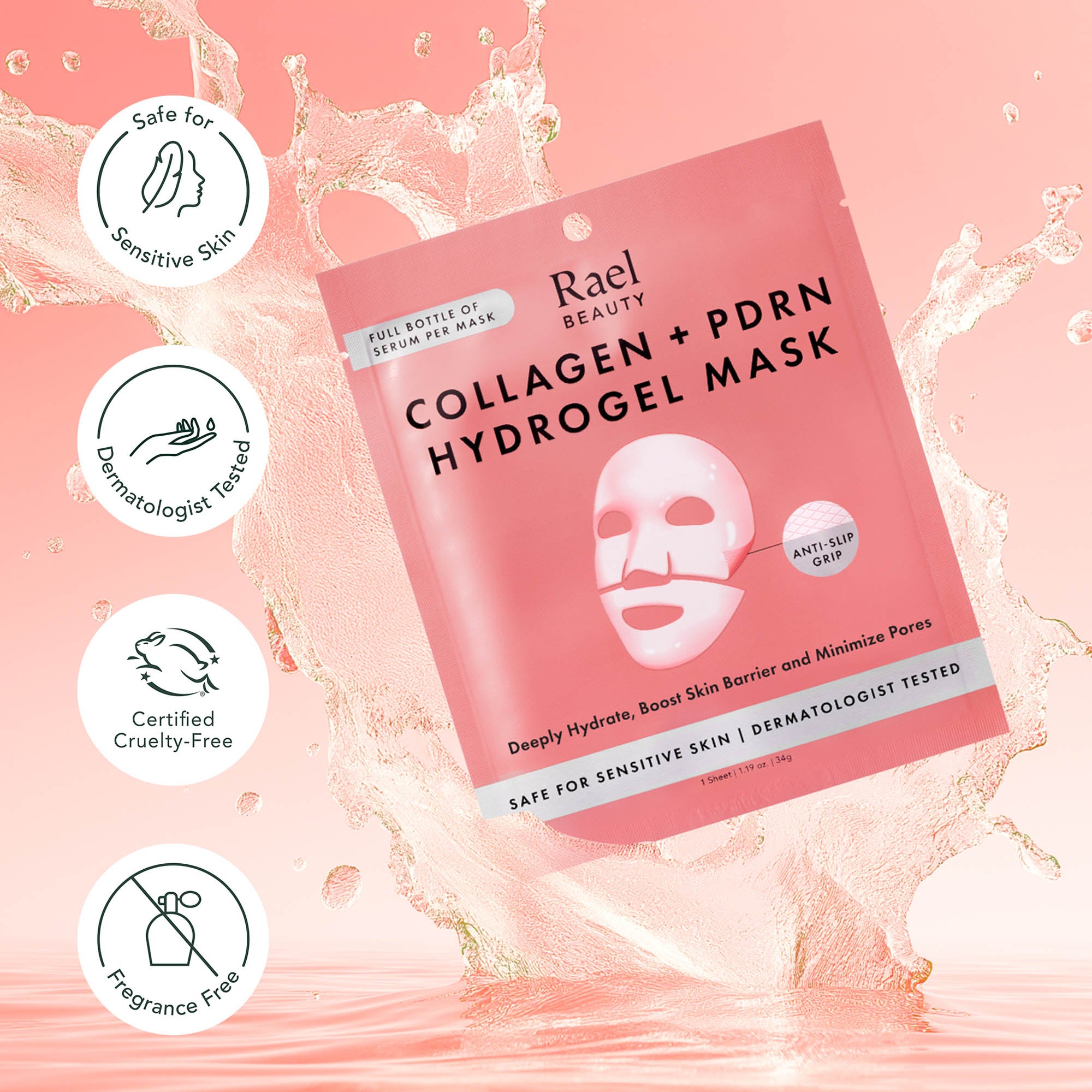 Rael Beauty Collagen + PDRN Hydrogel Mask packaging on a pink background with product features listed.
