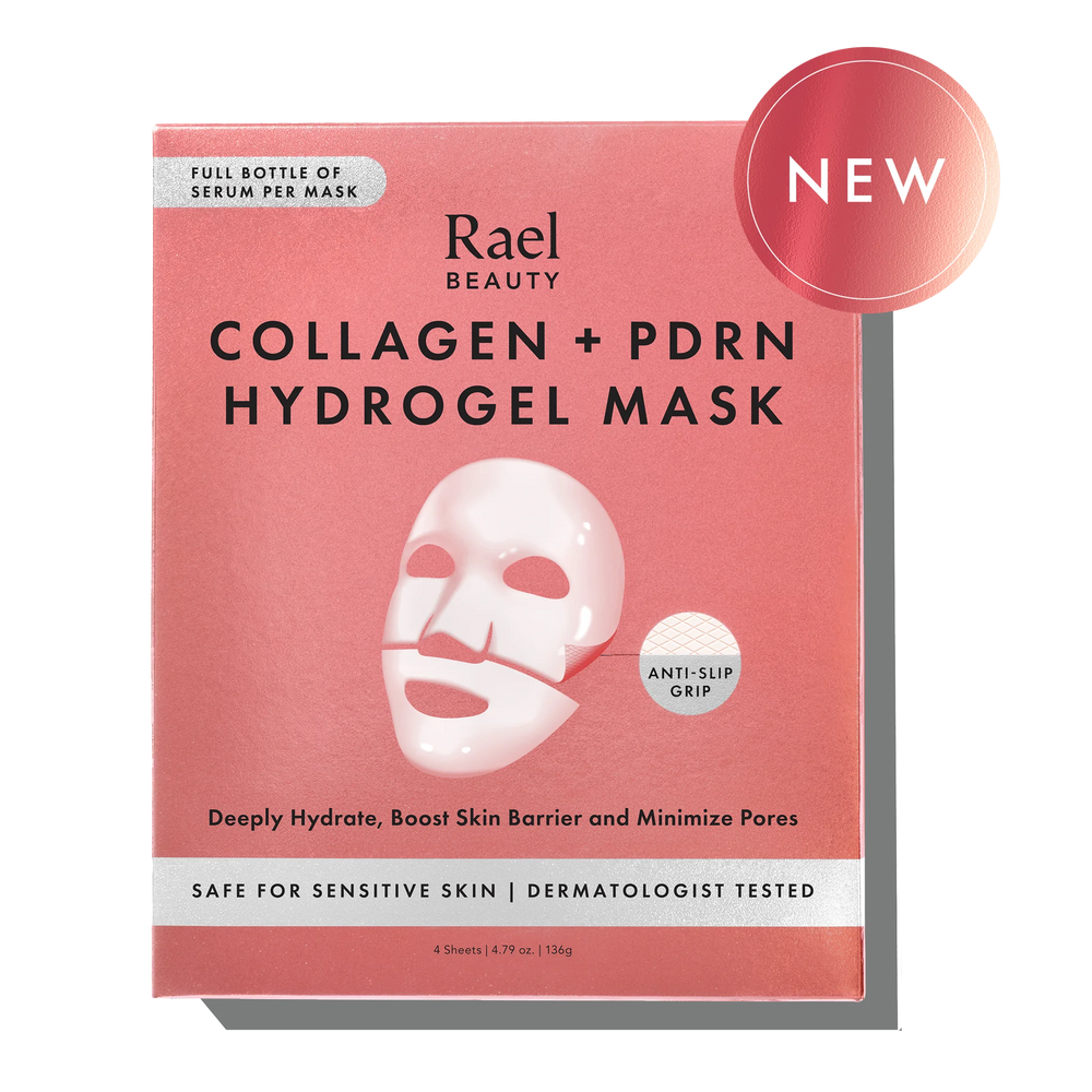 Rael Beauty Collagen + PDRN Hydrogel Mask packaging on a white background