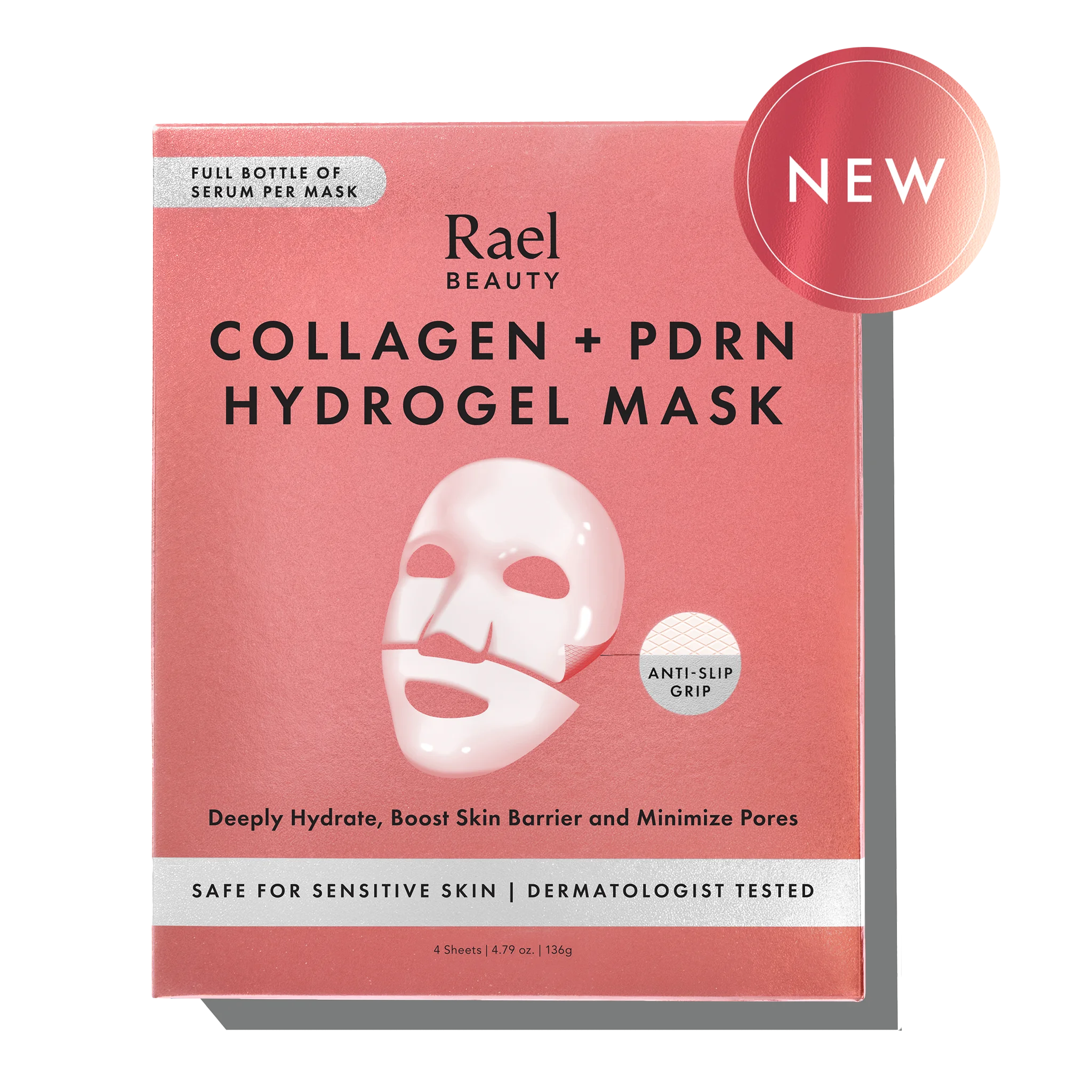 Rael Beauty Collagen + PDRN Hydrogel Mask packaging on a white background