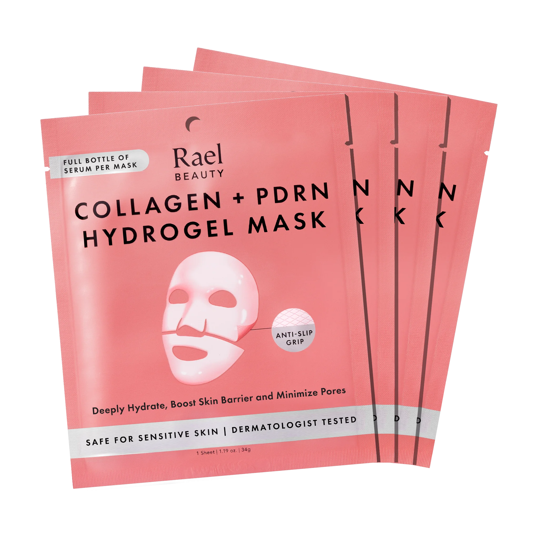 Packaging of Rael Beauty Collagen + PDRN Hydrogel Mask on a white background