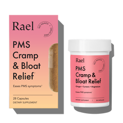 Rael PMS Cramp & Bloat Relief supplement packaging on a white background