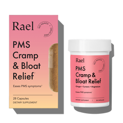 Rael PMS Cramp & Bloat Relief supplement packaging on a white background