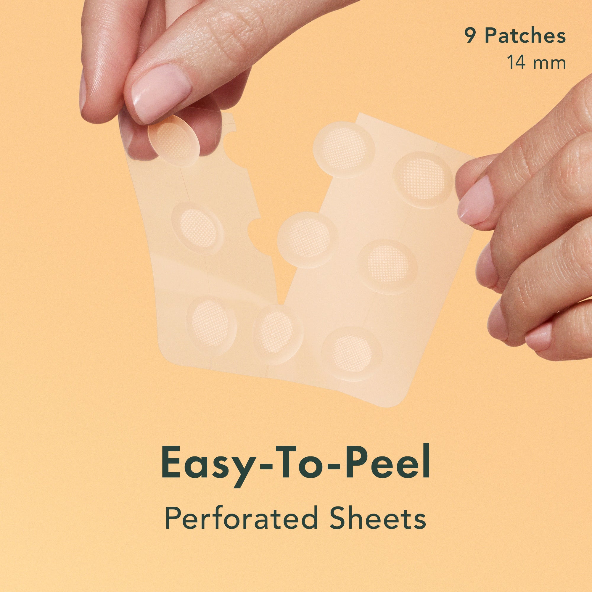 Hand holding a sheet of easy-to-peel perforated patches with text on a beige background