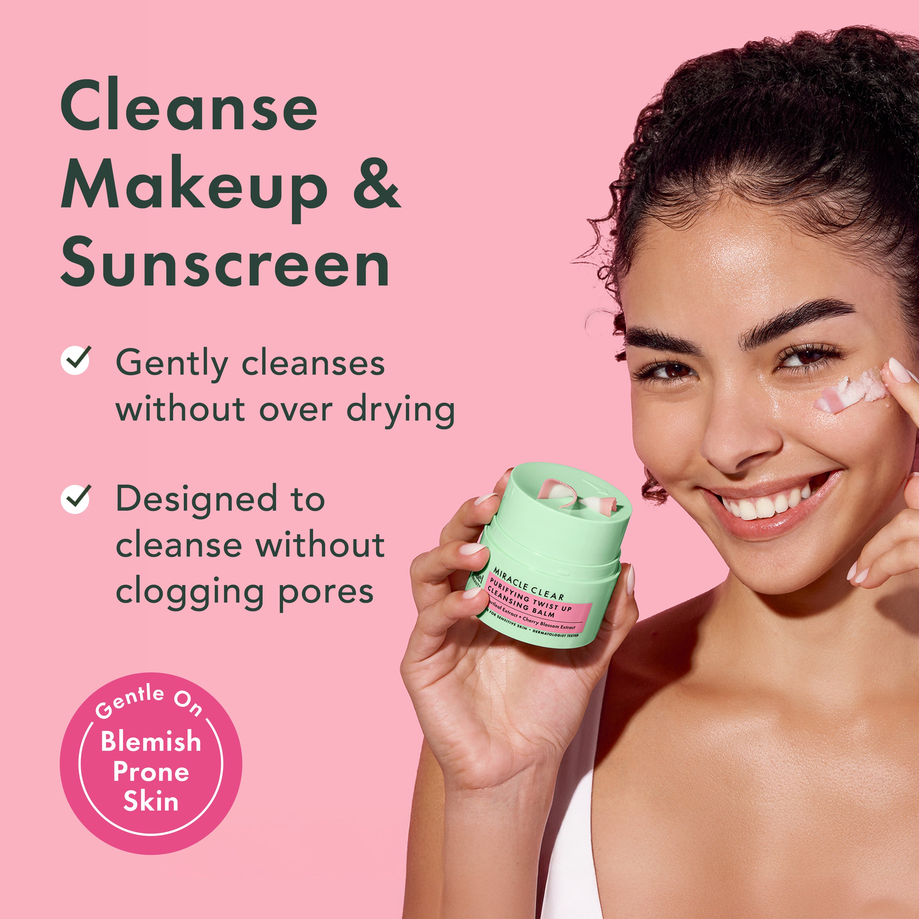Woman applying skincare product with text about product benefits on a pink background