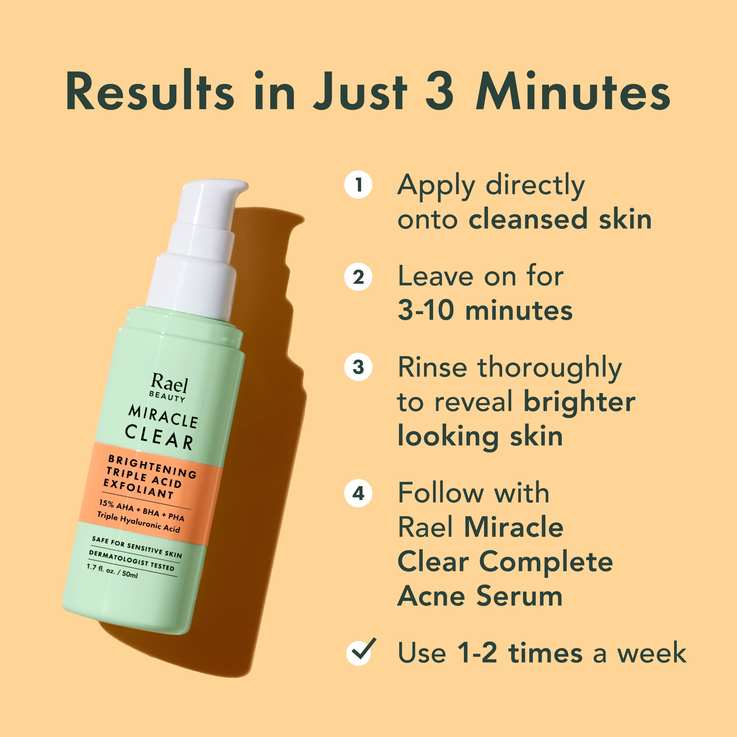 Rael Miracle Clear skincare product with usage instructions on a yellow background