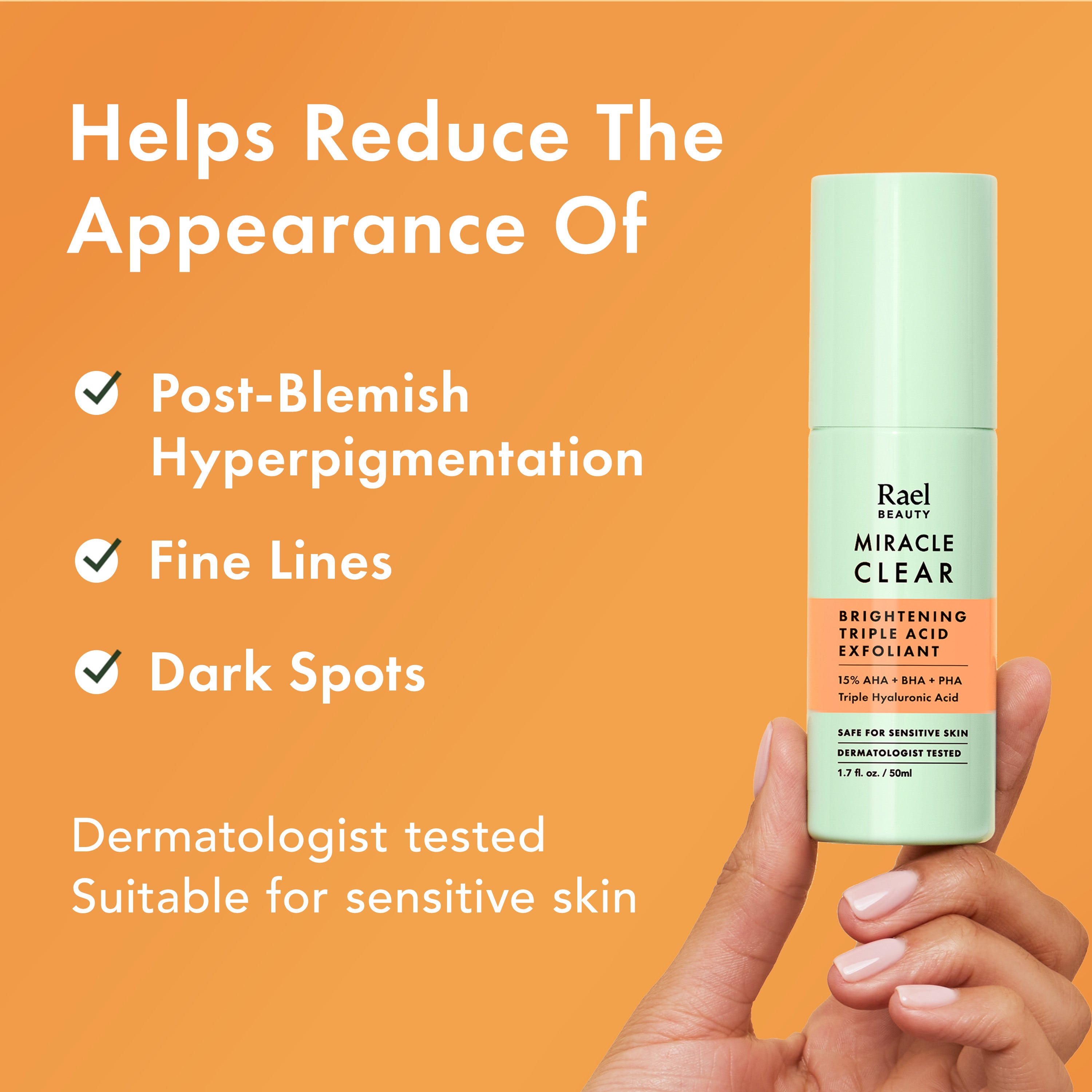 Rael Miracle Clear skincare product with text on an orange background