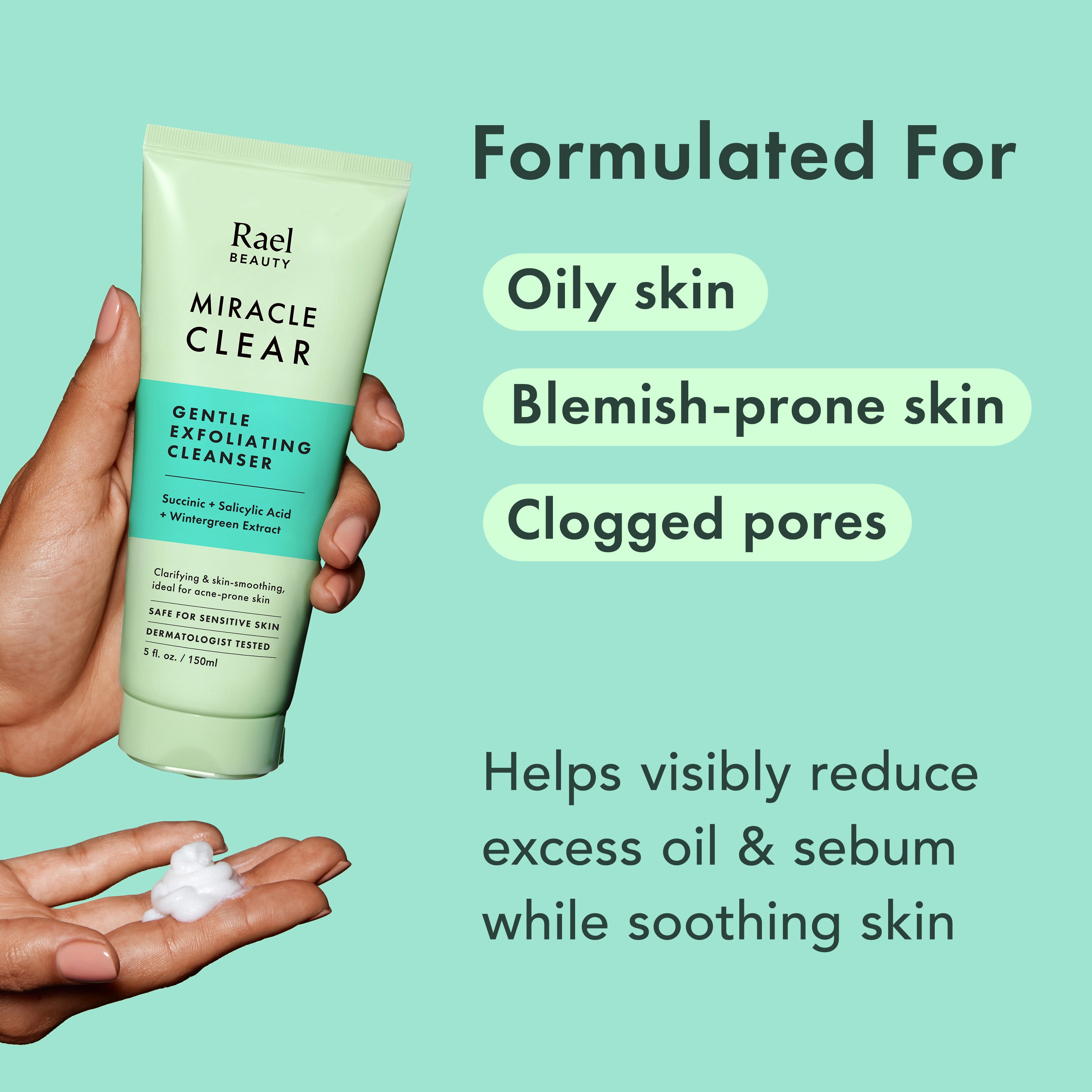 Rael Beauty Miracle Clear Gentle Exfoliating Cleanser with text on a teal background