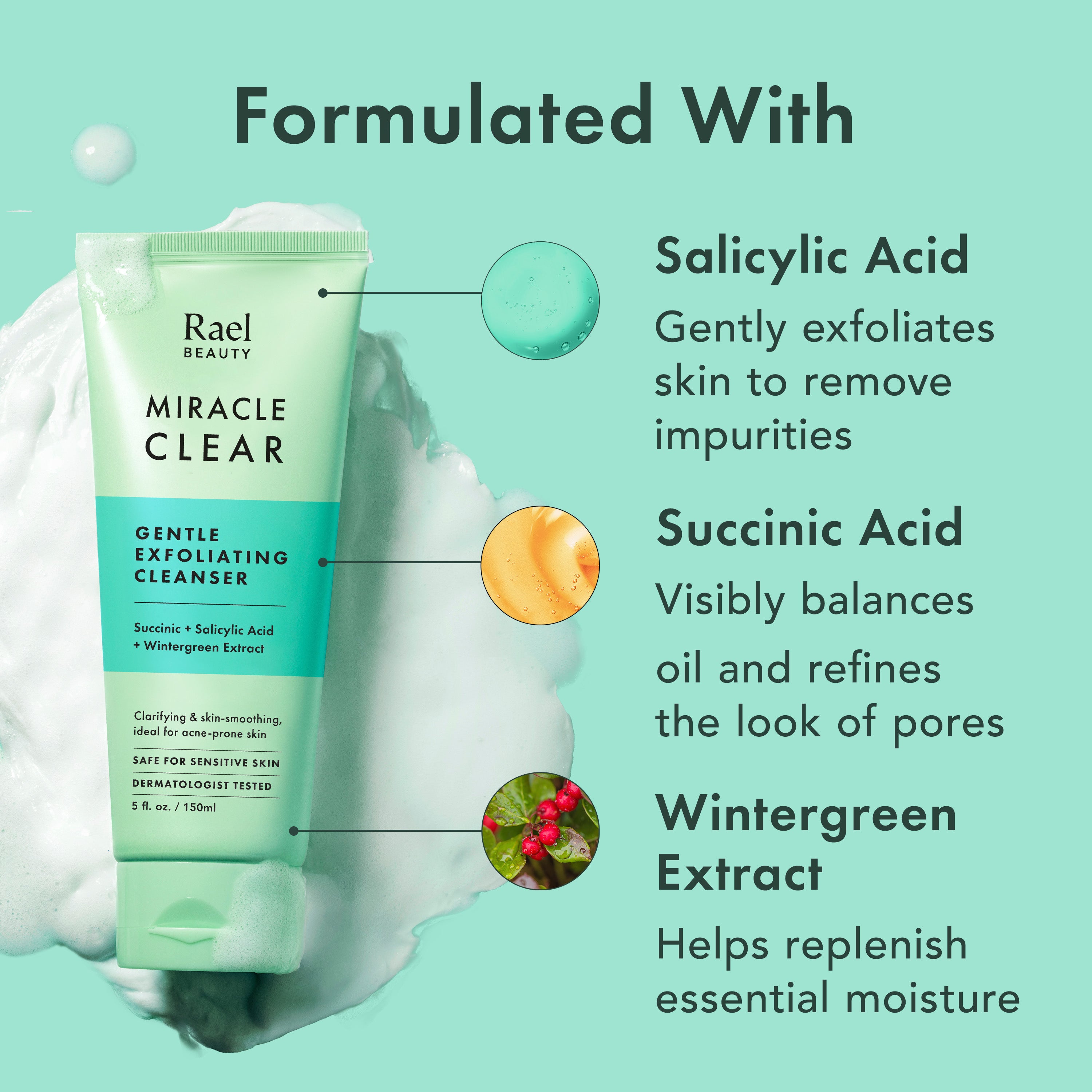 Rael Beauty Miracle Clear Gentle Exfoliating Cleanser with ingredients listed on a light green background