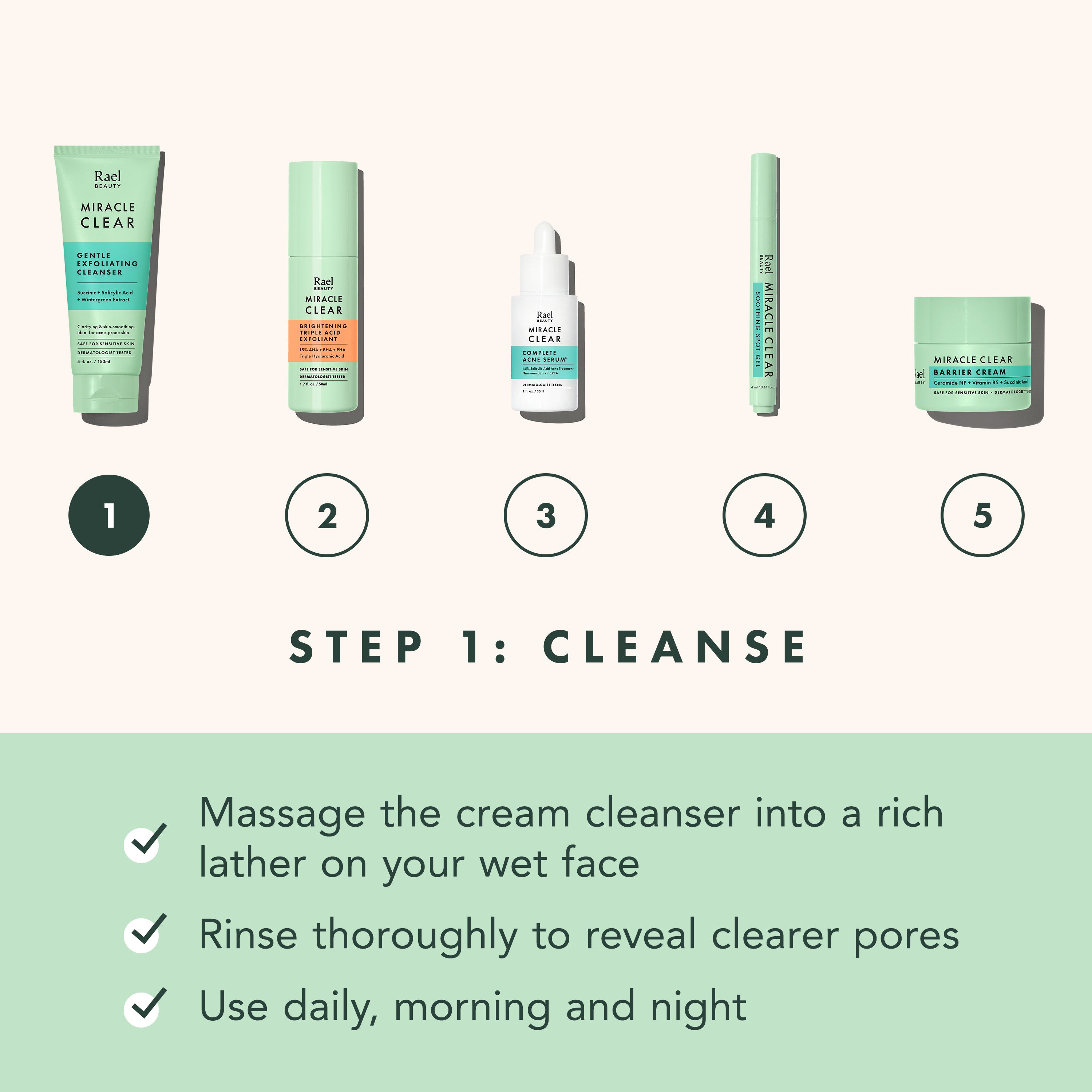 Set of skincare products with step-by-step instructions on a light green background