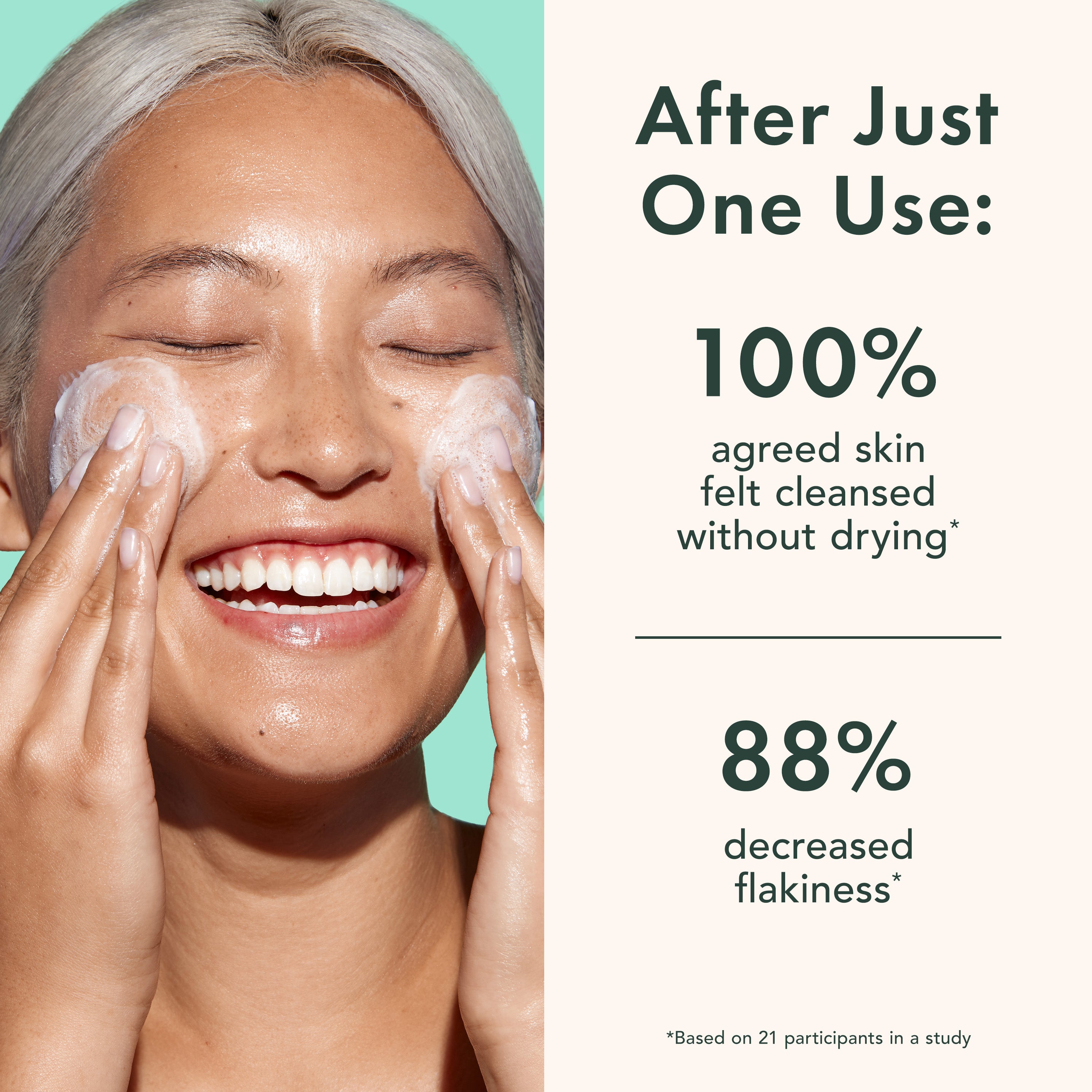 Woman applying facial cleanser with text on skincare benefits
