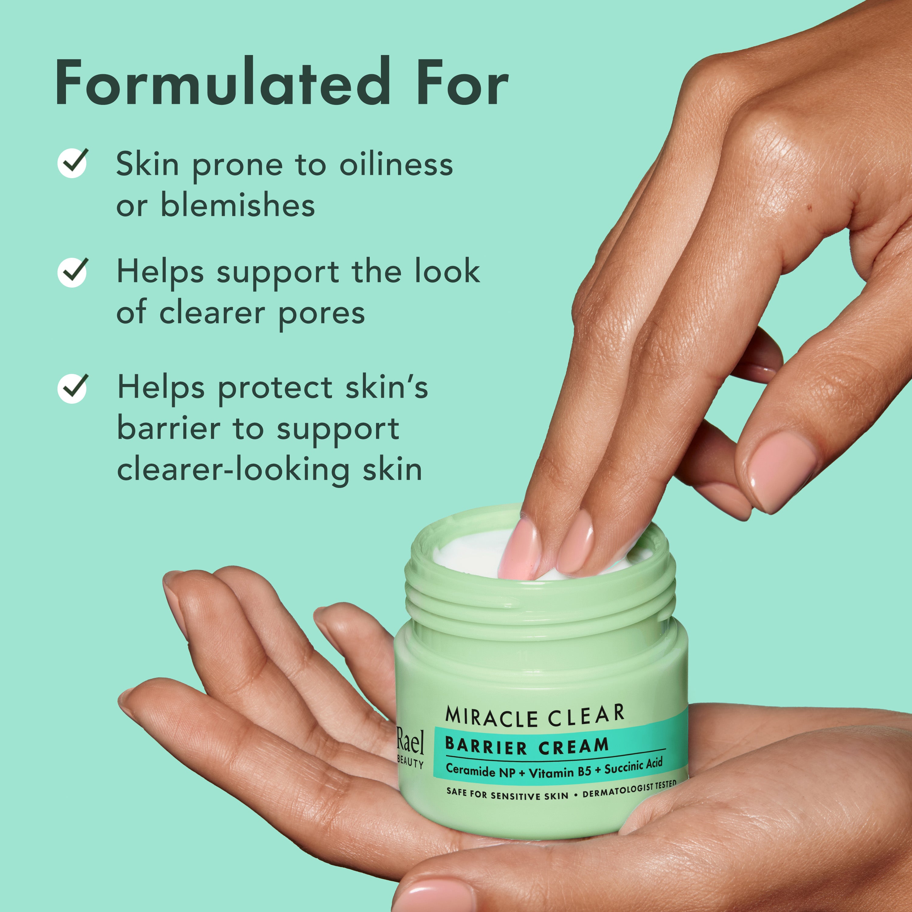 Hand holding a jar of 'Miracle Clear' Barrier Cream with text highlighting its benefits on a teal background.