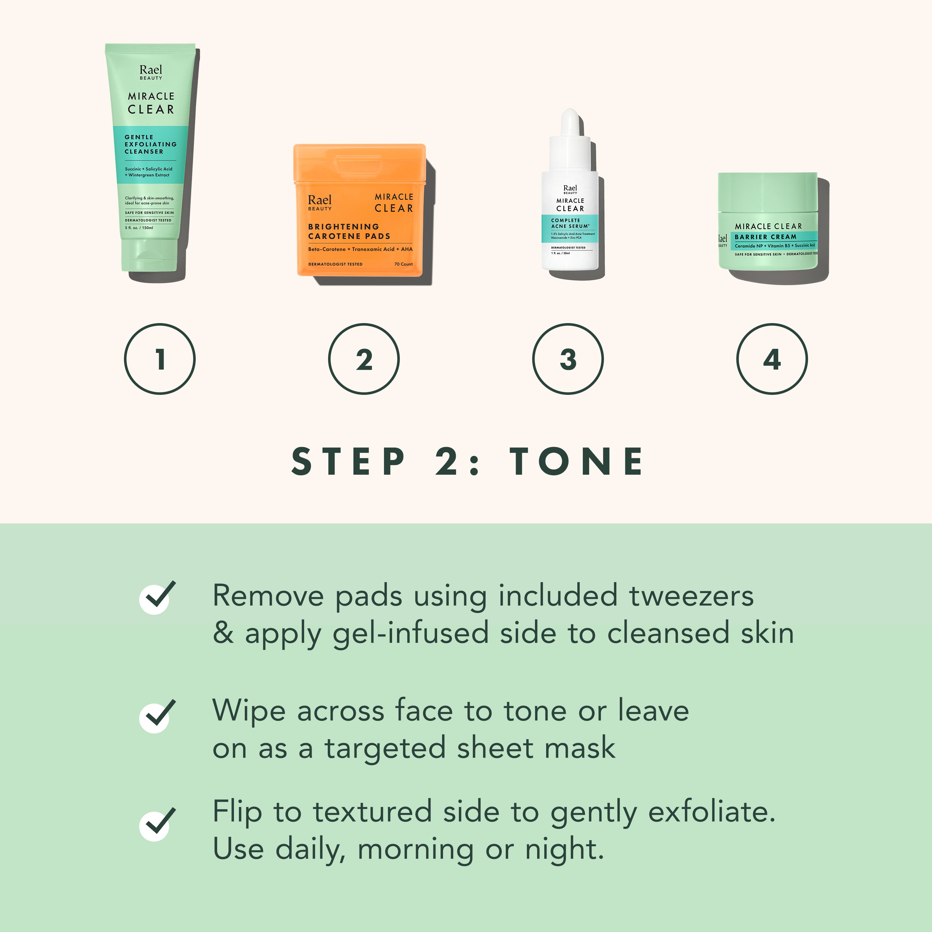 Set of skincare products with step-by-step instructions on a light green background