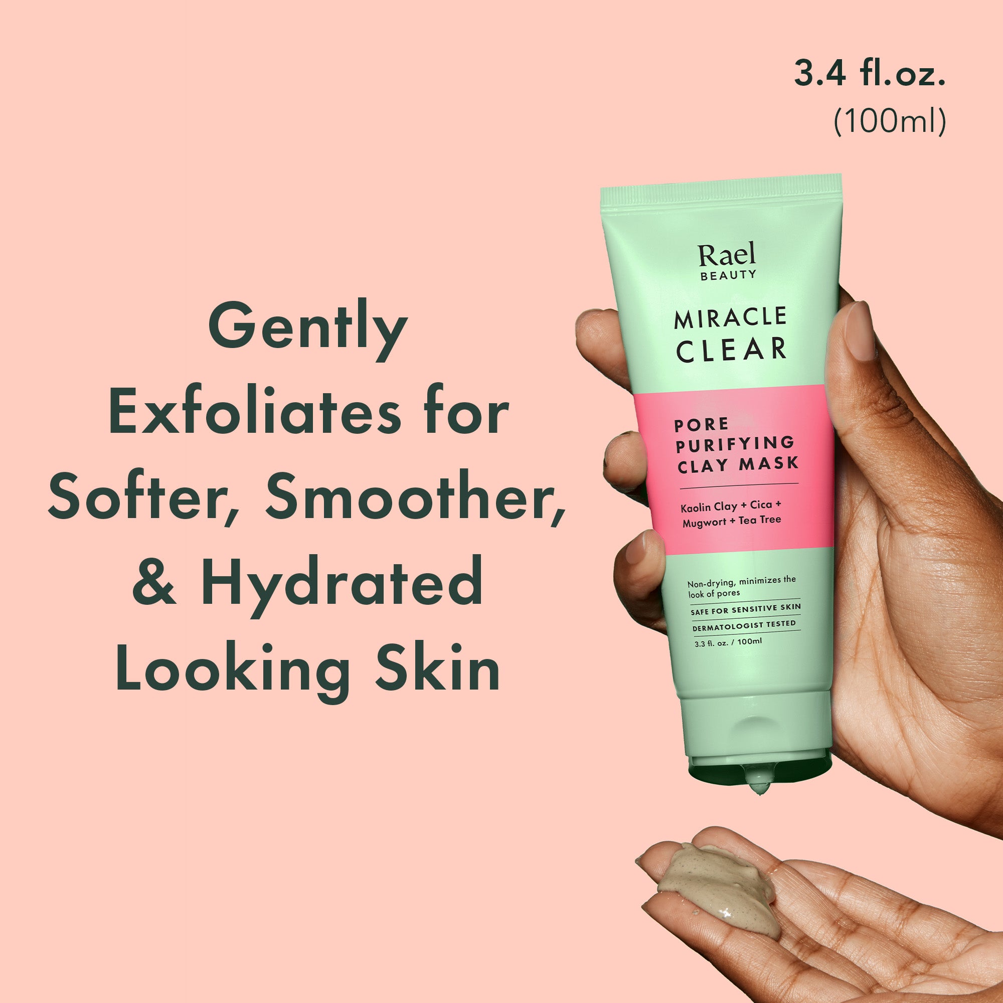 Rael Miracle Clear clay mask tube held by a hand with product on palm, on a pink background