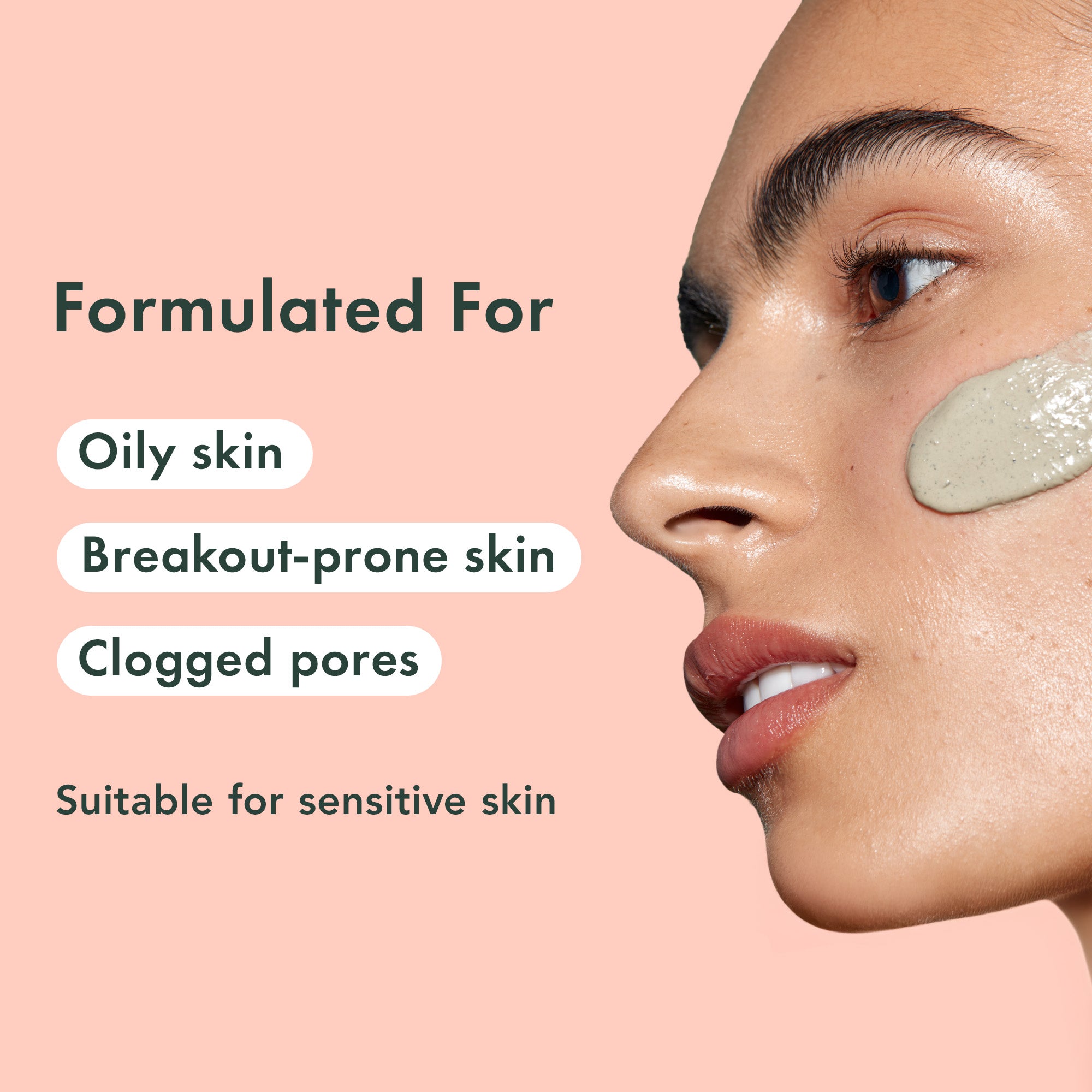 Woman applying a skincare product with text about skin types on a pink background