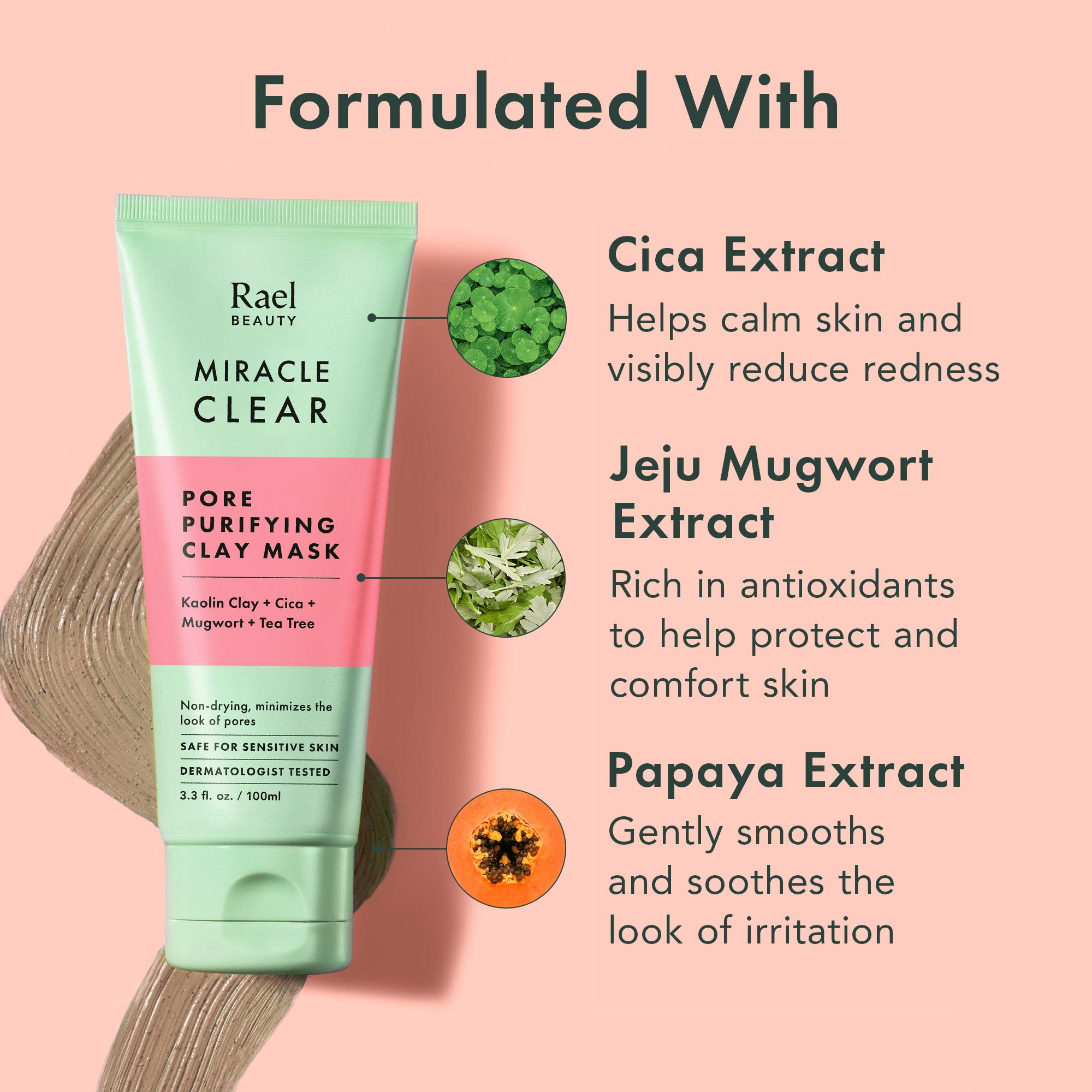 Rael Miracle Clear Pore Purifying Clay Mask with ingredients listed on a pink background