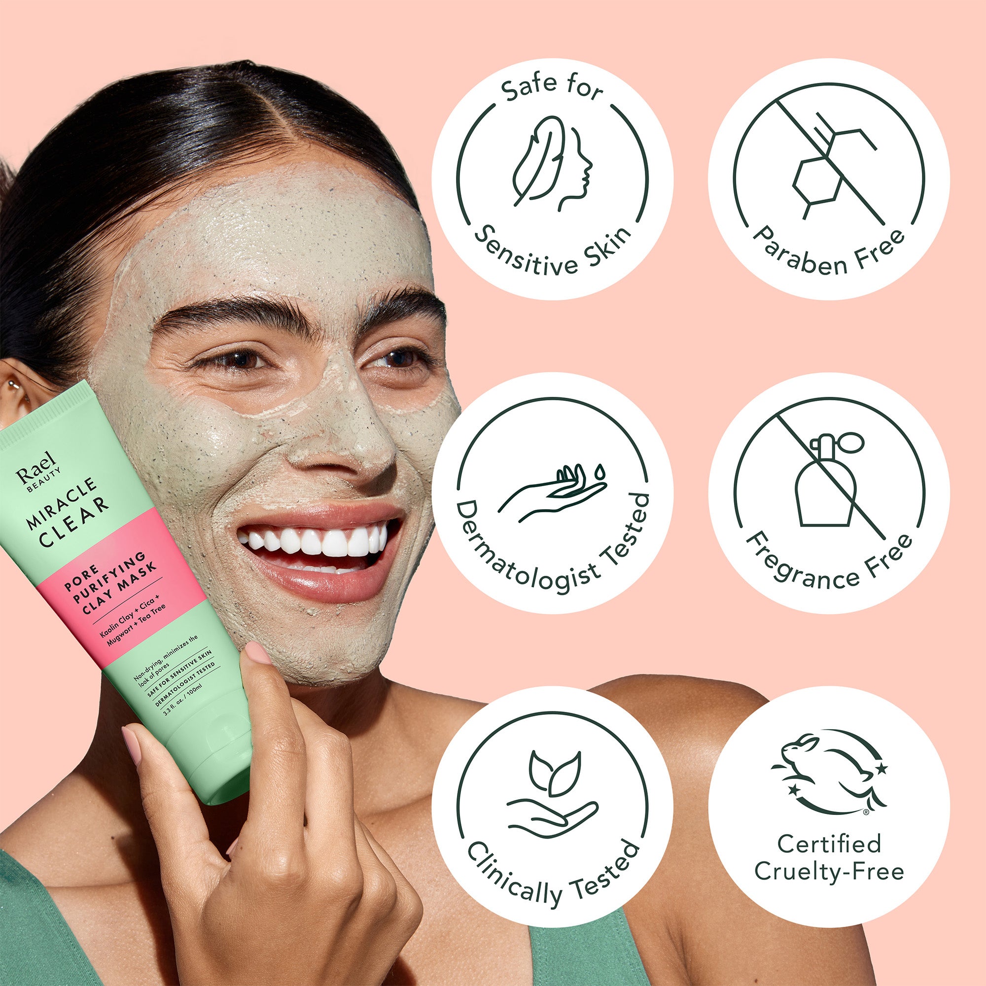 Woman applying a face mask with 'Reel Miracle Clear' product, surrounded by certification icons on a pink background.