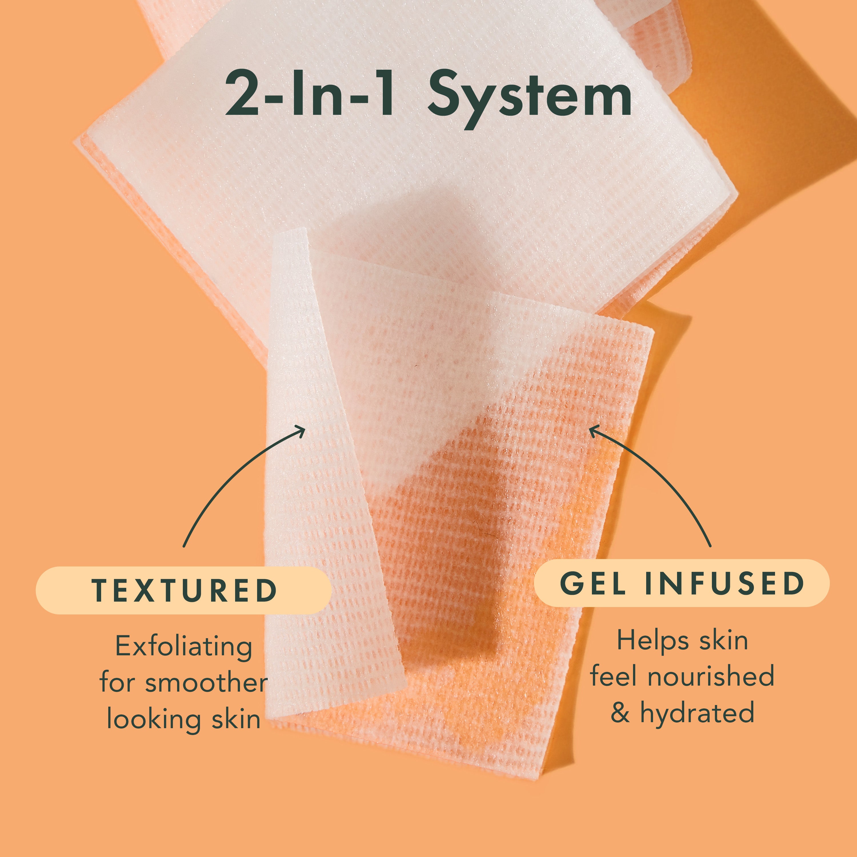 Textured and gel-infused skin care product on an orange background with text describing features.